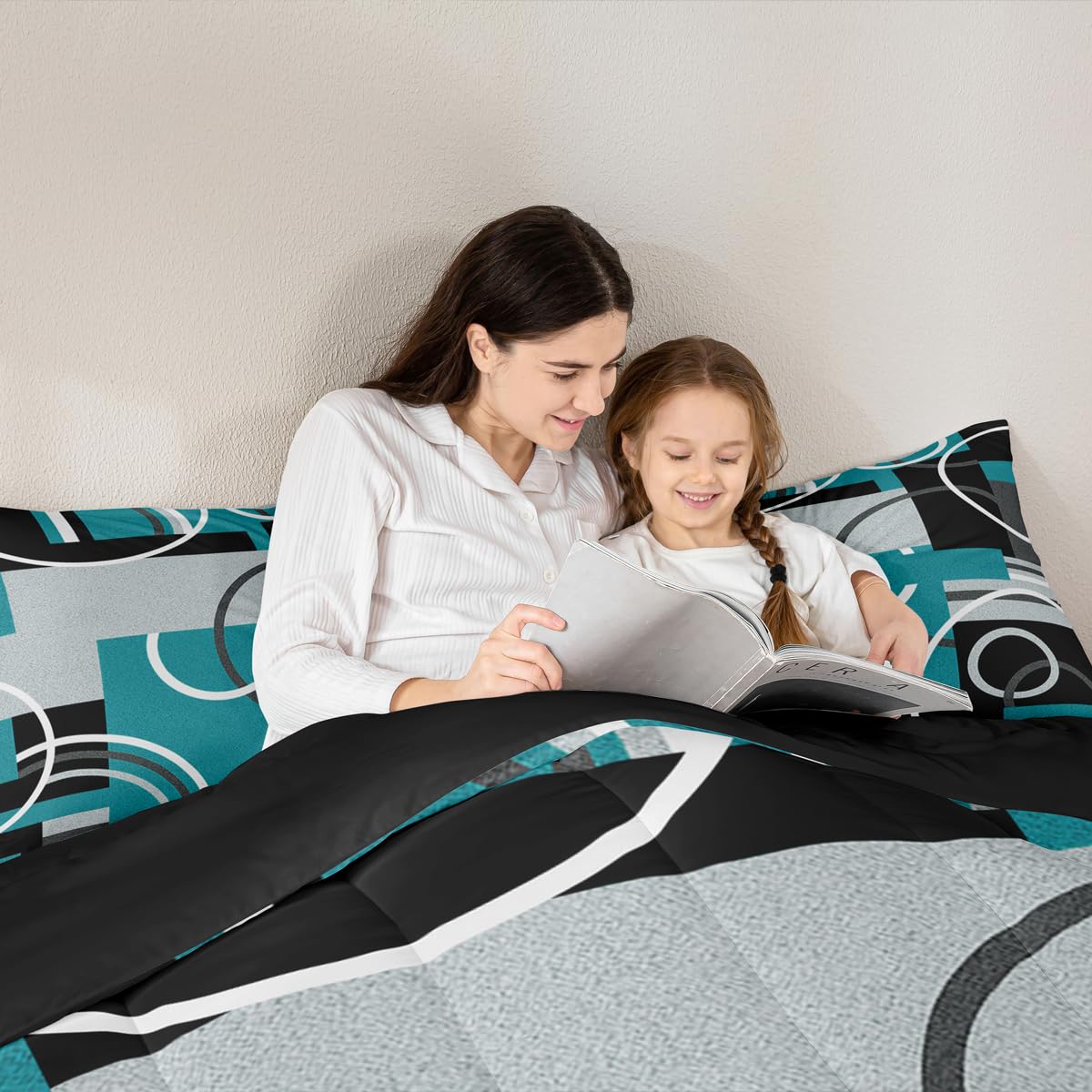 Erosebridal Modern Turquoise Decor Comforter Queen Geometric Circles Gird Bedding Set For Boys Girls Kids Teens Adult Black Grey Down Stripe Swirls Duvet Graphic Texture Quilted (GHS2936XXY-BZ_USq)