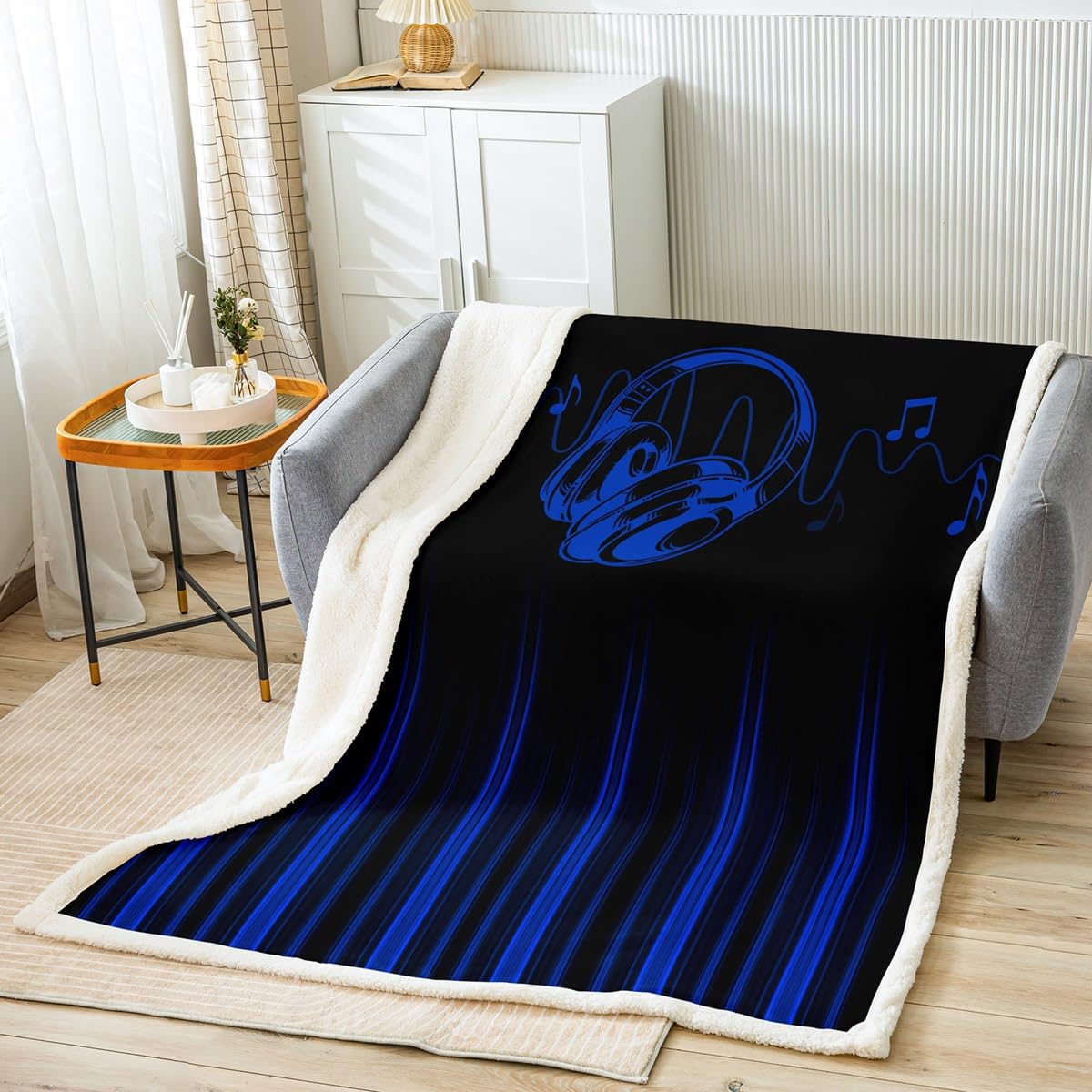 Feelyou Abstract Ombre Fleece Throw Blanket Throw 50"x60" Kids Blue and Black Musical Plush Blanket for Bed Sofa Couch Boys Girls Teens Music Themed Sherpa Blanket Geometric Striped Fuzzy Blanket