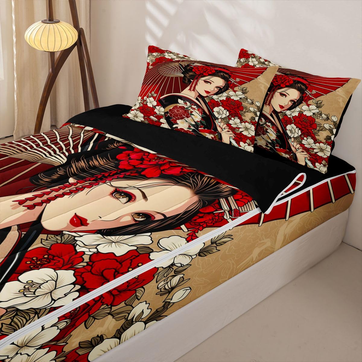 Erosebridal Geisha Kids Comforter Set with Zipper, Japanese Twin Size Zipper Bedding Set, Traditional Geisha Bed-in-A-Bag