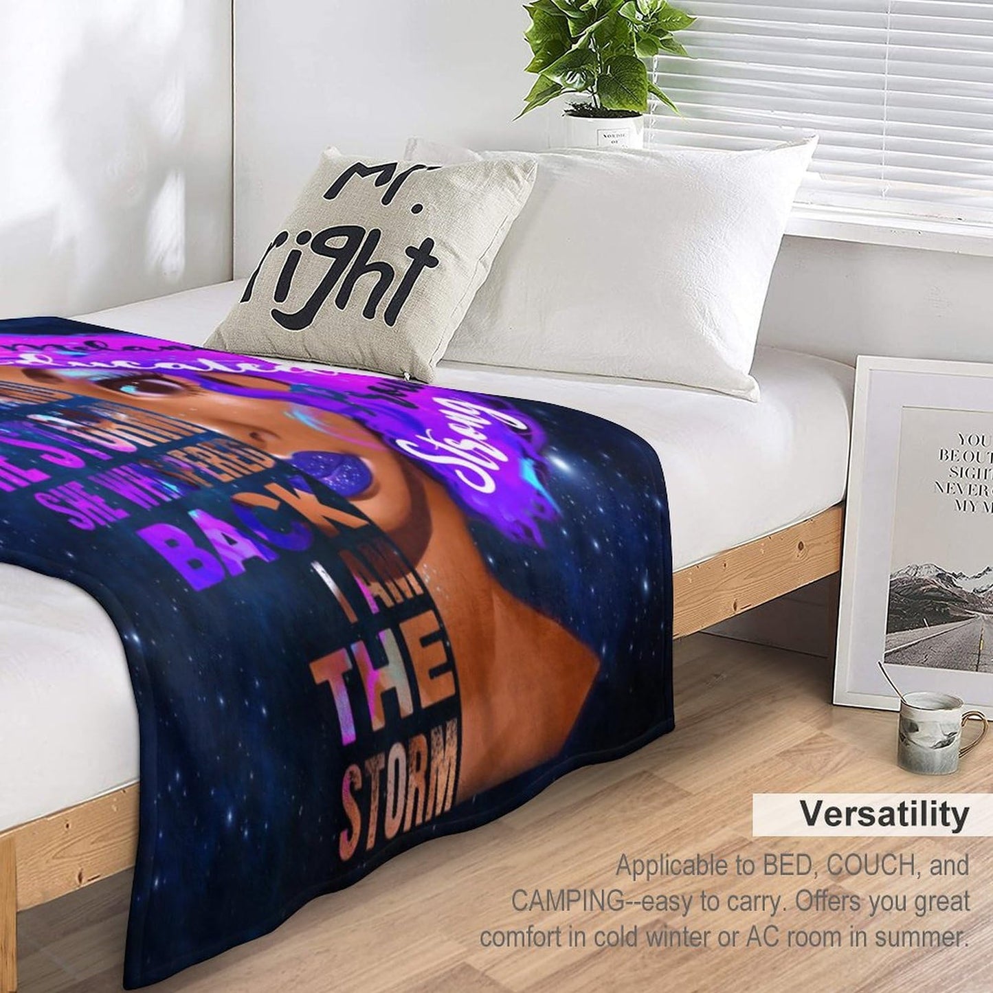 African American Woman Bedding Fleece Throw Blanket, Beautiful Purple Hair Black Grils Inspirational Quotes All Season Flannel Soft Warm Microplush Lightweight Thermal for Sofa Bed Bedroom 40"x50"
