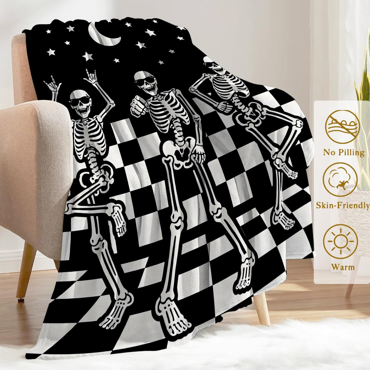 ainori Funny Skull Fleece Throw Blanket 50x60 Inch,Fun Dancing Skeleton Moon Star Checkerboard Decorative Throws,Soft Lightweight Blankets for Halloween Party Room Bedroom,Cozy Gifts for Teens Gamers