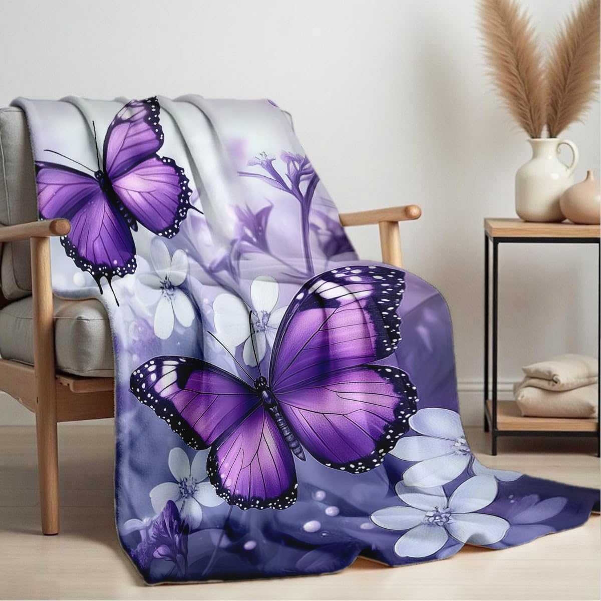 HUNXIAOJ Printed Bed Blanket Purple Butterfly Throws Soft Flannel Blanket Butterfly Gifts for Adults Kids Couch Butterflies Decor for Sofa Bed Office (49"x59")