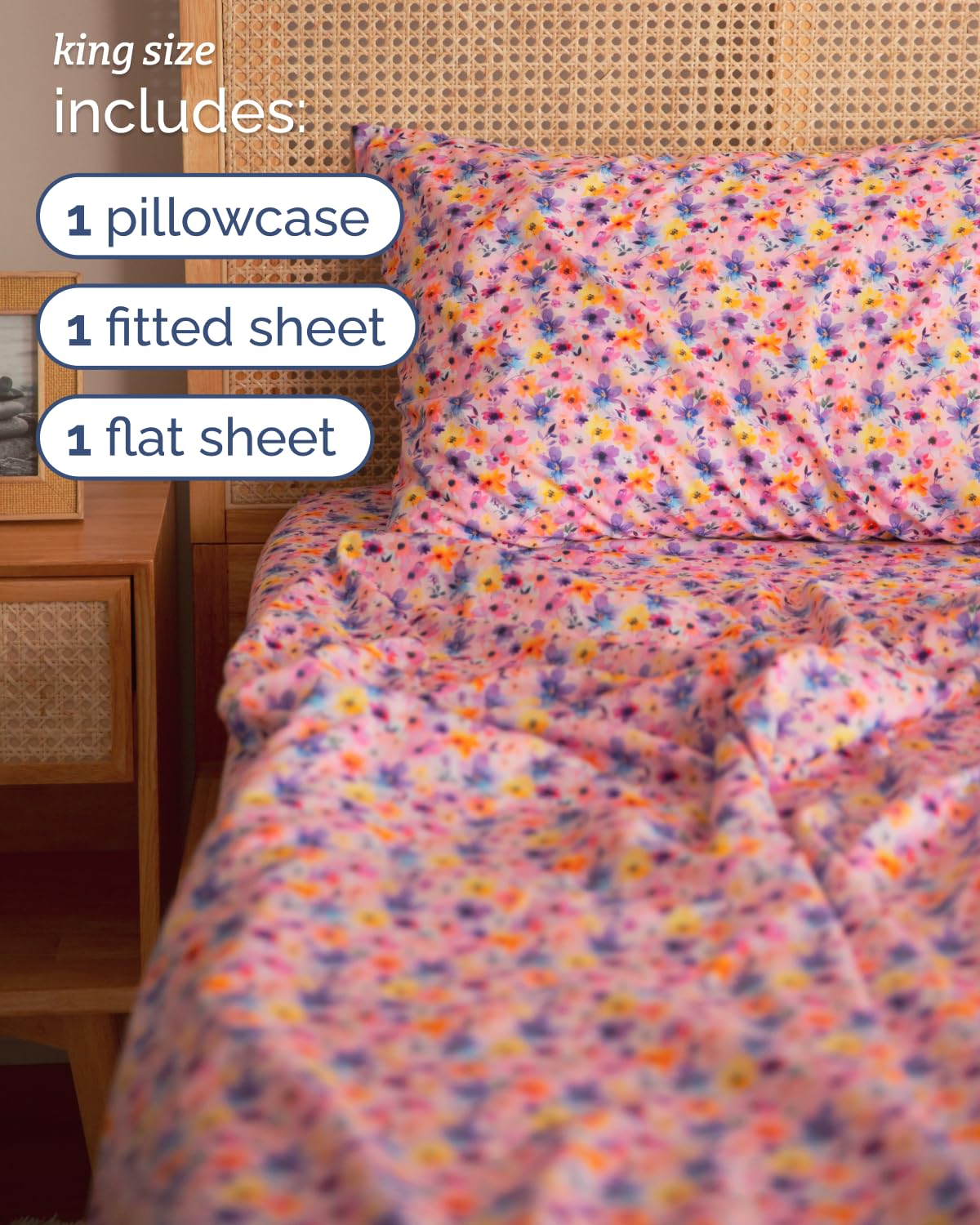 Floral Sheets - Pink Flower Bed Sheet Set - 1 Flat, 1 Fitted & 2 Pillowcases w/ Deep Pockets - Comfy, Cozy, Wrinkle & Fade Free - Boho Botanical Bedding - Soft, Breathable and Cooling - King Size Set