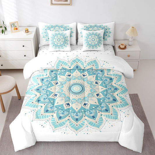 jejeloiu Hippie Mandala Comforter Set 7 Pieces Full Size Kids Boho Mandala Bed in a Bag for Boys Girls Bohemian Style Bedding Set Green,Comforter + Sheets + Pillowcases + Cushion Covers