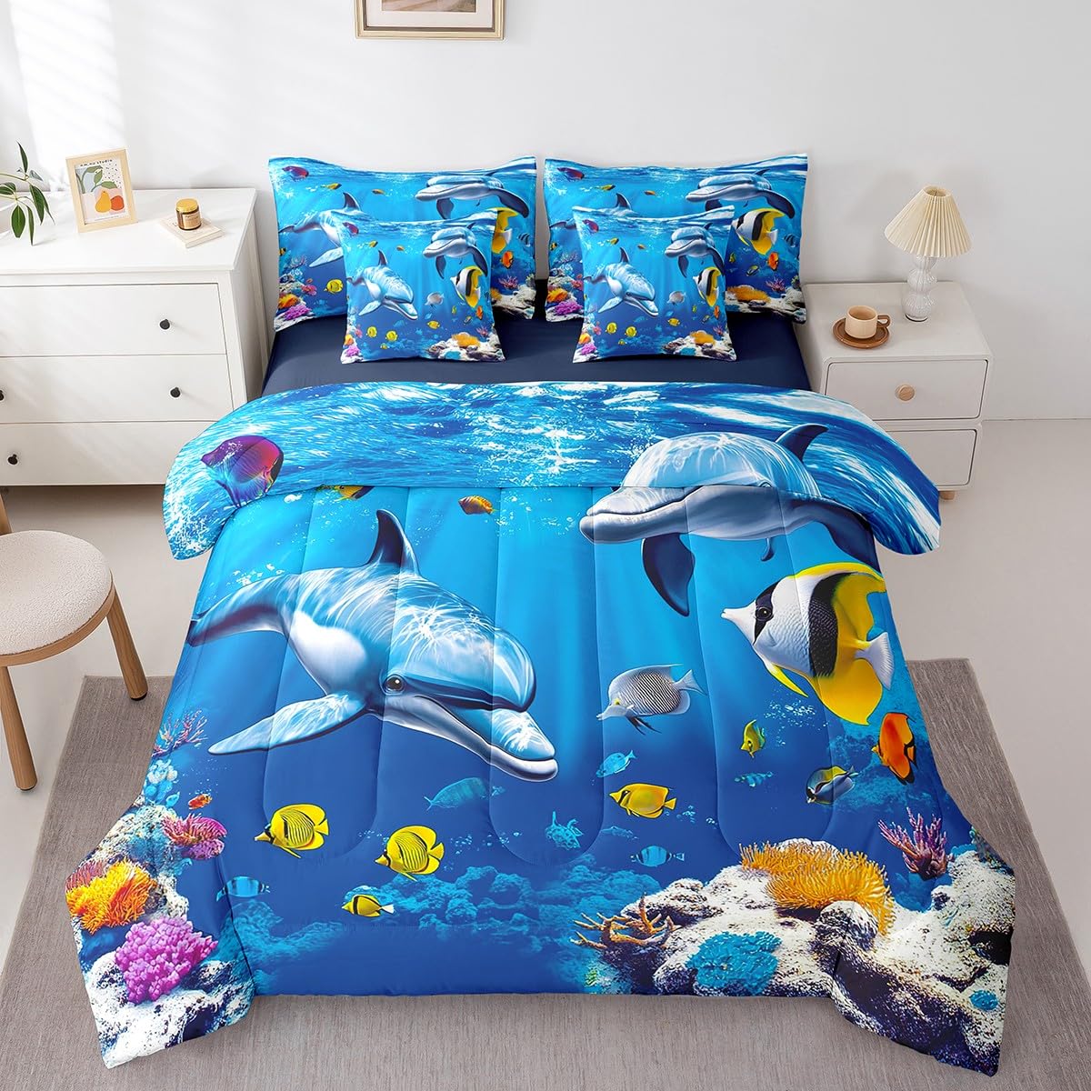 Erosebridal Blue Ocean Comforter Set 7 Piece Bed in a Bag Twin,Dolphin Bedding Sets 3D Fish Coastal Sheet Set with Comforter,Nautical Sea Animal Bed Set