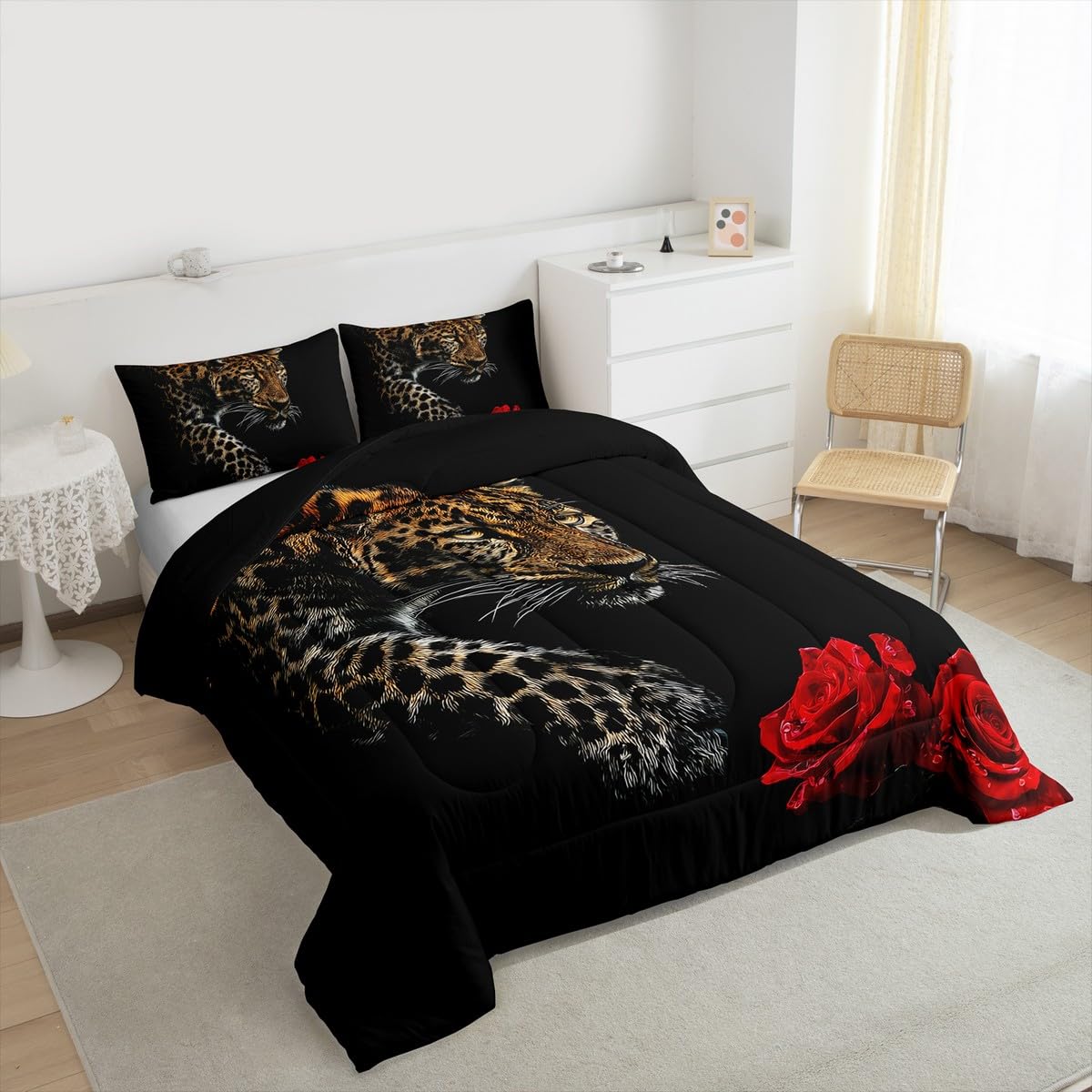 Erosebridal Leopard Comforter Set Queen Size,Red Rose Cheetah Bedding Set,Cat Leopard Print Down Comforter, Romantic Floral Quilted Duvet, Safari Animal Quilt Set, Stylish Bedroom Decor, Black