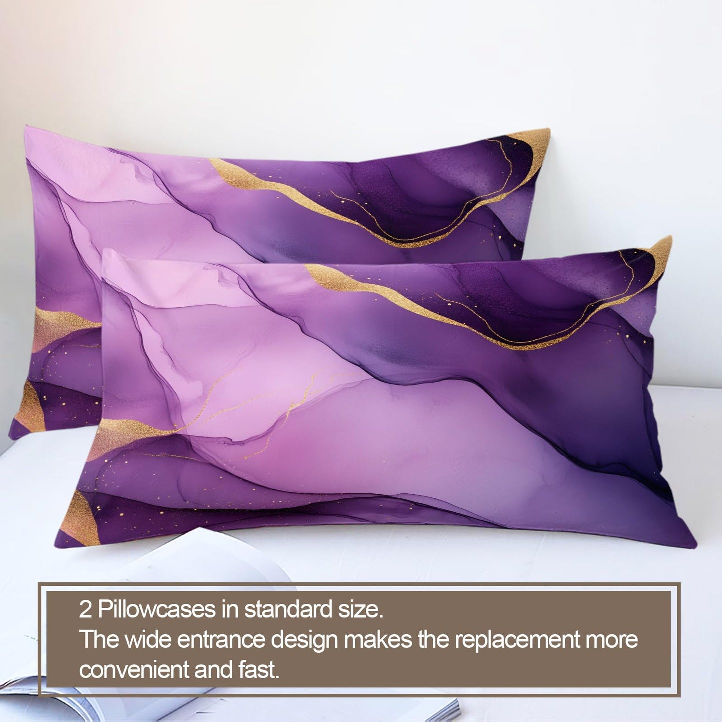 GKPLY Marble Bedding Sets - Alcohol Ink Pattern Duvet Cover Queen - Luxury Abstract Gold Comforter Cover with 2 Pillowcases & Zipper - 3 Pieces Purple Pink Bedding