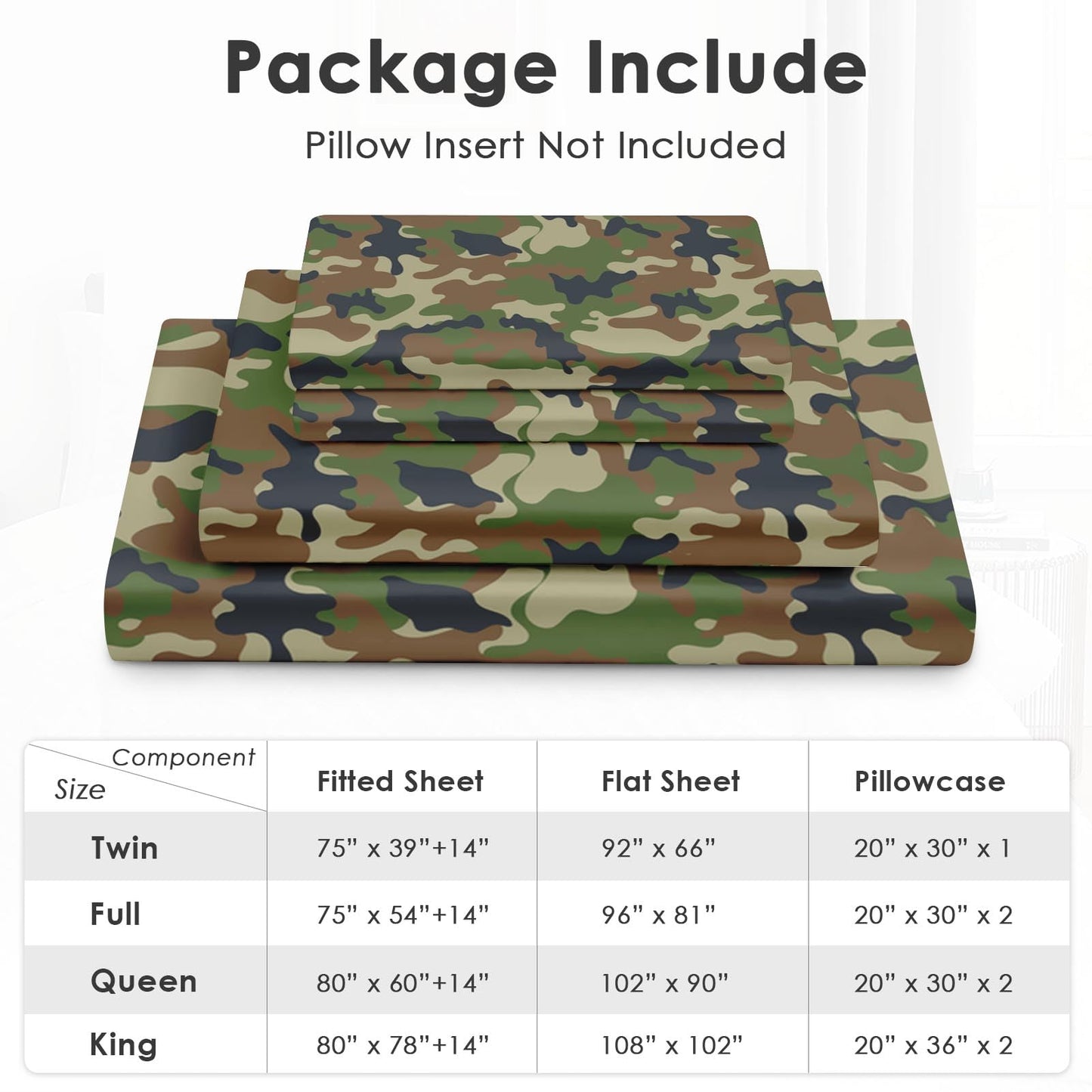 Pamnest Full Size Bed Sheet Sets, Camouflage Army Military Soft Microfiber 4 Pcs Bedding Sets for Kids and Adults Bedroom Bed Decor, Woodland Green Brown Camo Flat, Fitted Sheet and 2 Pillowcases