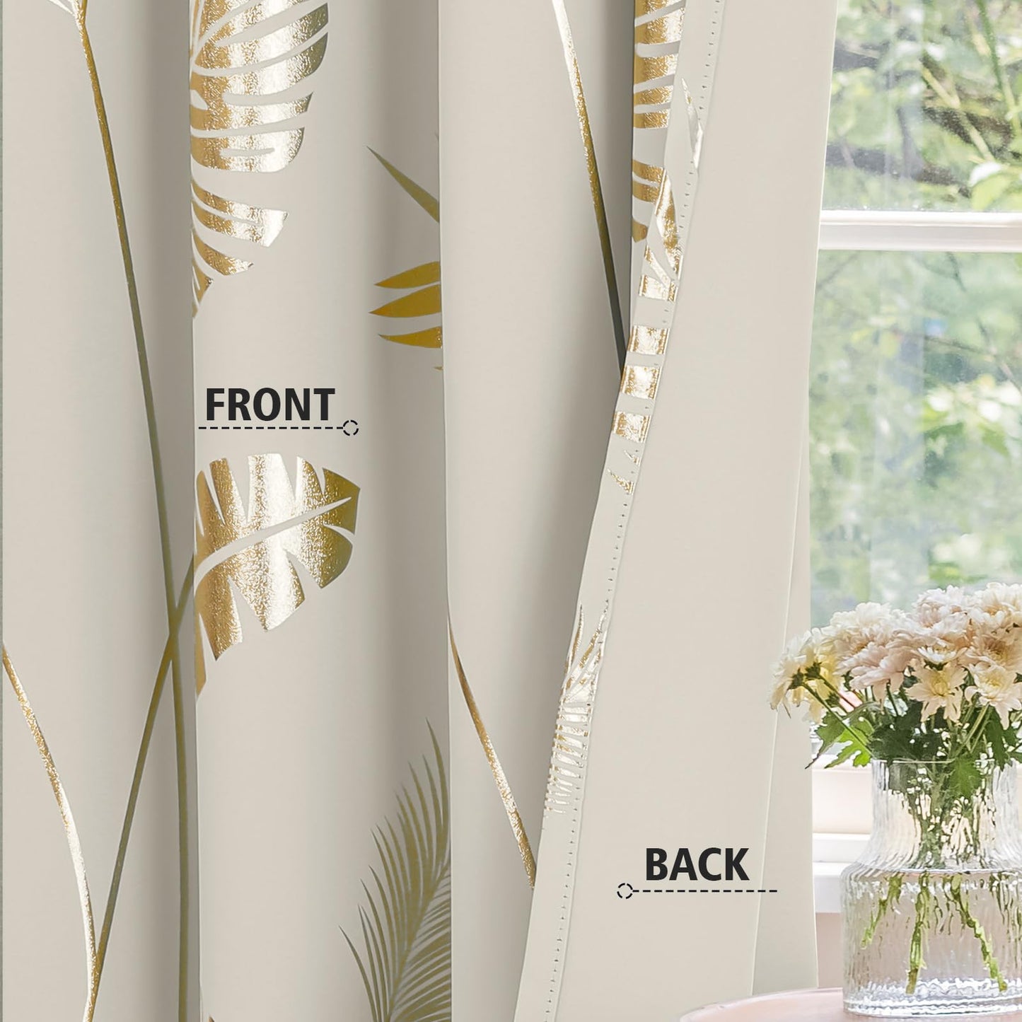 BUHUA Blackout Curtains 72 Inches Length Gold Palm Pattern Designed Window Drapes Room Darkening Noise Reducing Thermal Insulated Curtains, 52W x 72L, Natural, Set of 2 Panels