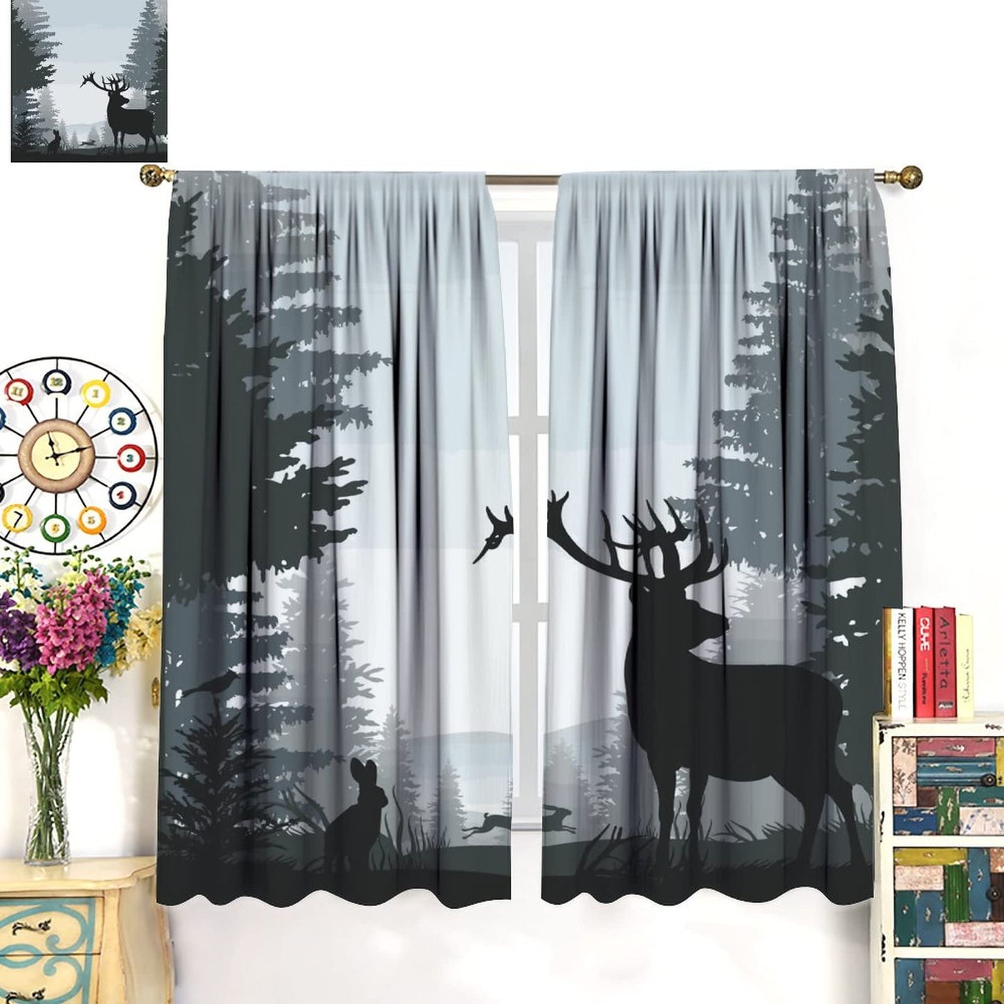 Deer Blackout Curtain,Misty Forest Rustic Wildlife Moose Mountain Elk Rabbit Pine Forest Silhouette Window Curtains Bedroom Living Room Insulated Window Drapes,2 Panels W42 xL45