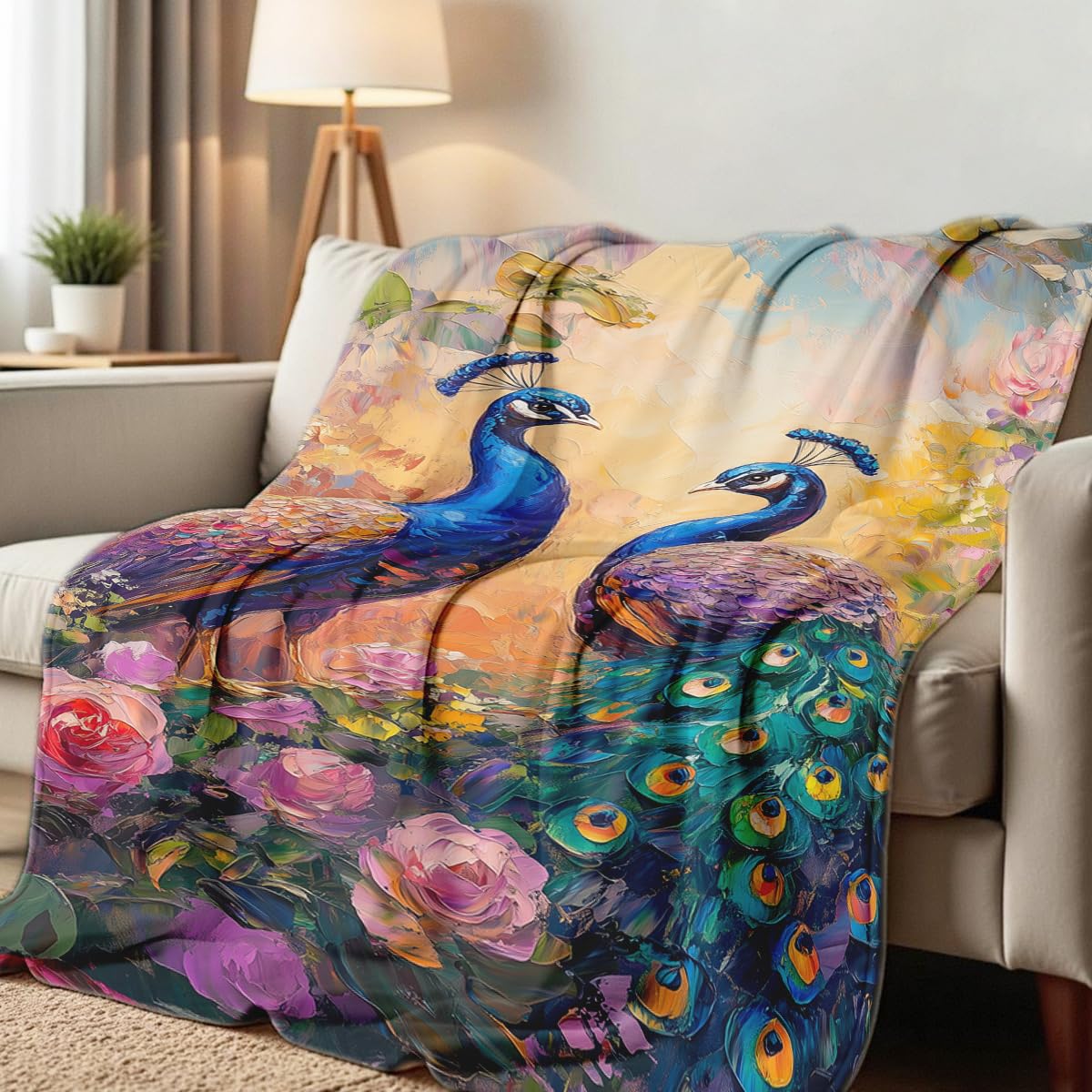 HUNXIAOJ Peacock Blanket Throw Queen Size Elegant Animal Decor Bird Print Flannel Throw Couch Bed Living Room Home Decor Gifts for Lovers Women Girls Adults 59"x70"