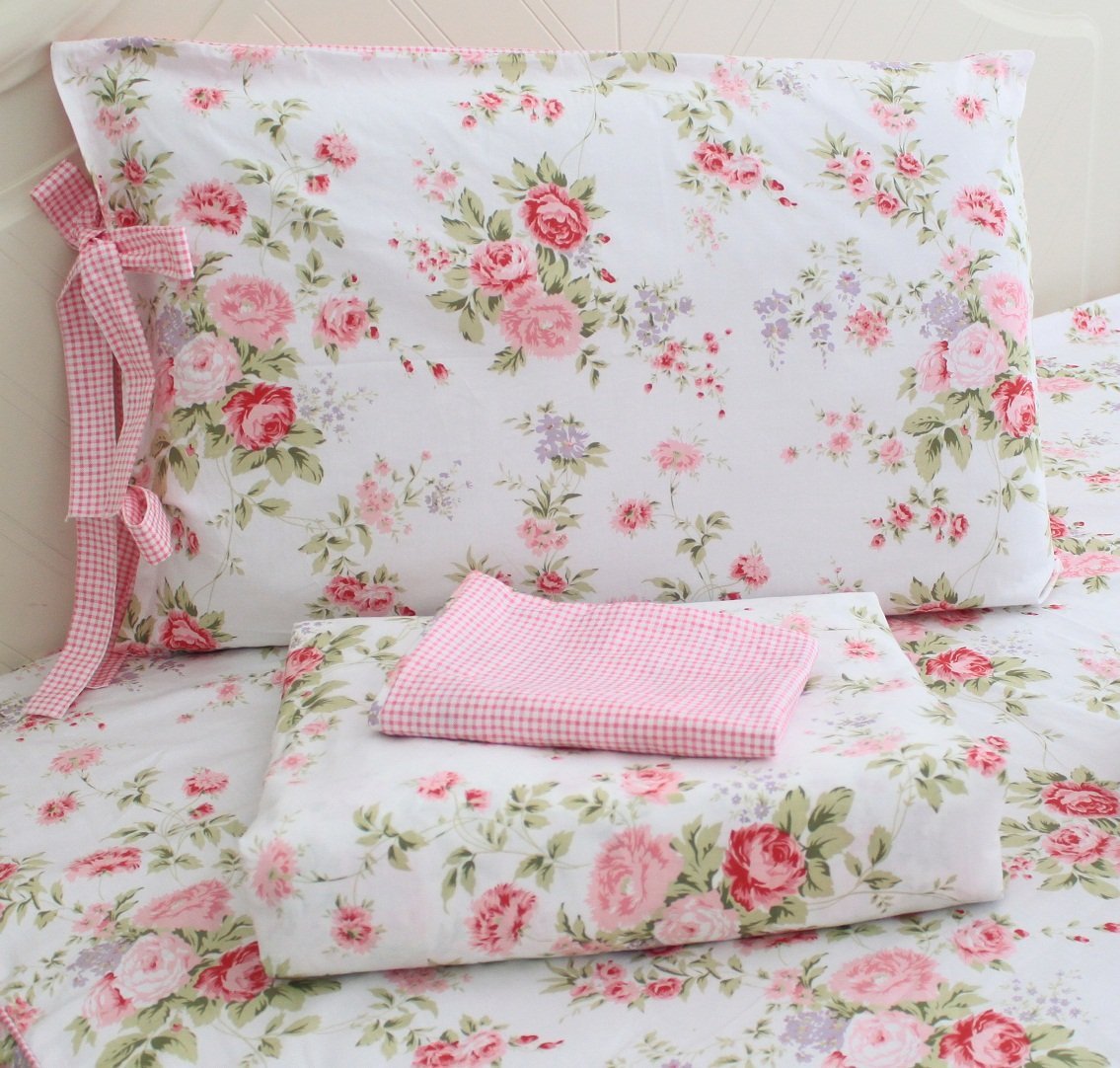 FADFAY Cotton Bed Sheets Set Rose Floral Bed Sheets 4-Piece Queen Size