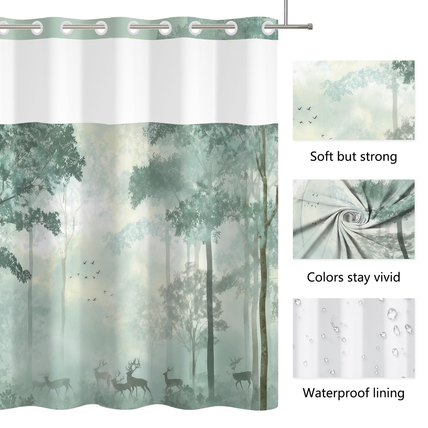 Xiazhilaio No Hook Nature Shower Curtain with Liner 71 x 74 Inch - Sage Green Misty Forest Pattern, Waterproof Fabric Bath Curtain with Mesh Top for Modern and Rustic Bathroom Decor