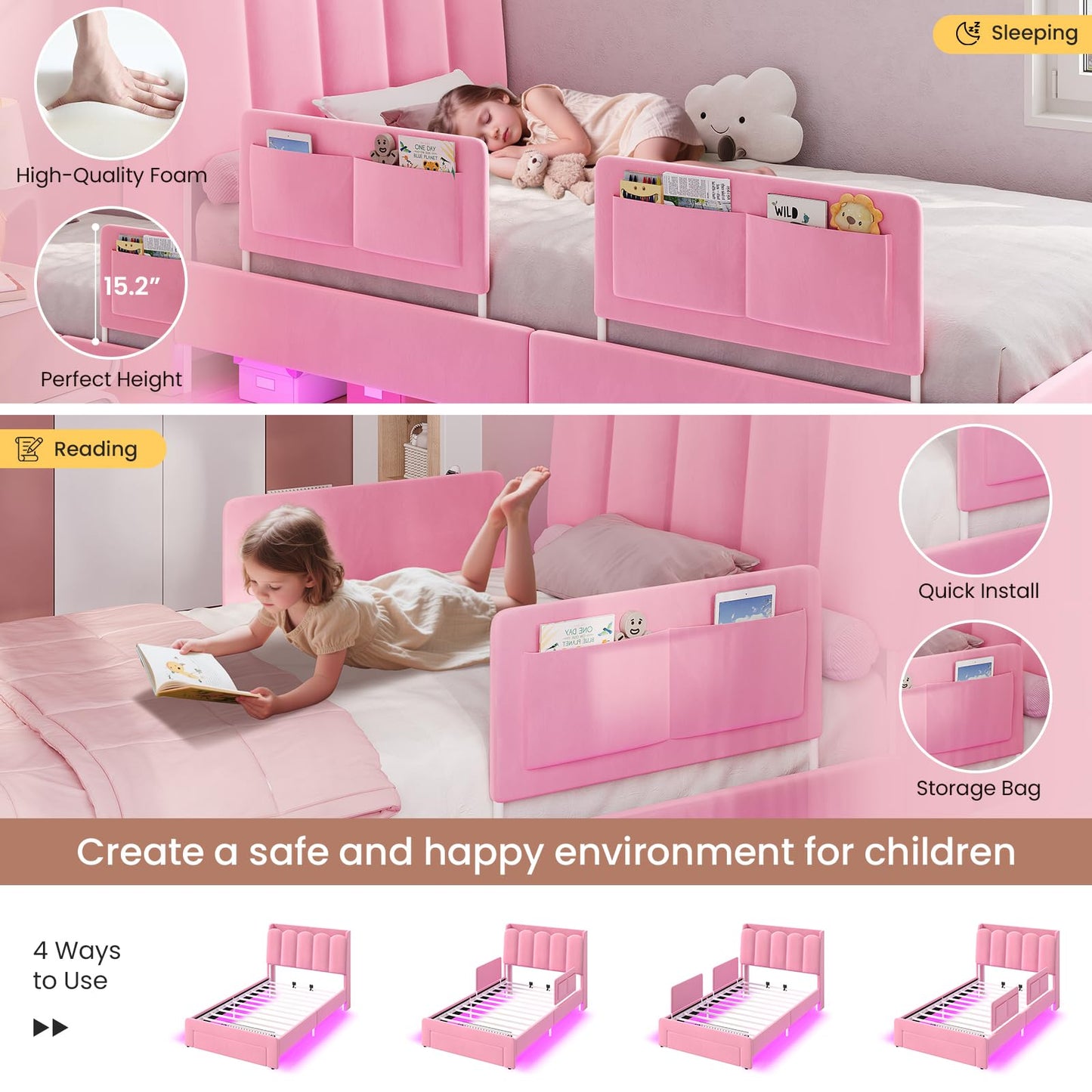 DICTAC Twin Size Princess Bed Frame with Storage Drawer and Safety Guardrails, LED Velvet Upholstered Platform Bed for Girls with Wavy Storage Headboard,Charging Station,Heavy Duty Metal Support, Pink