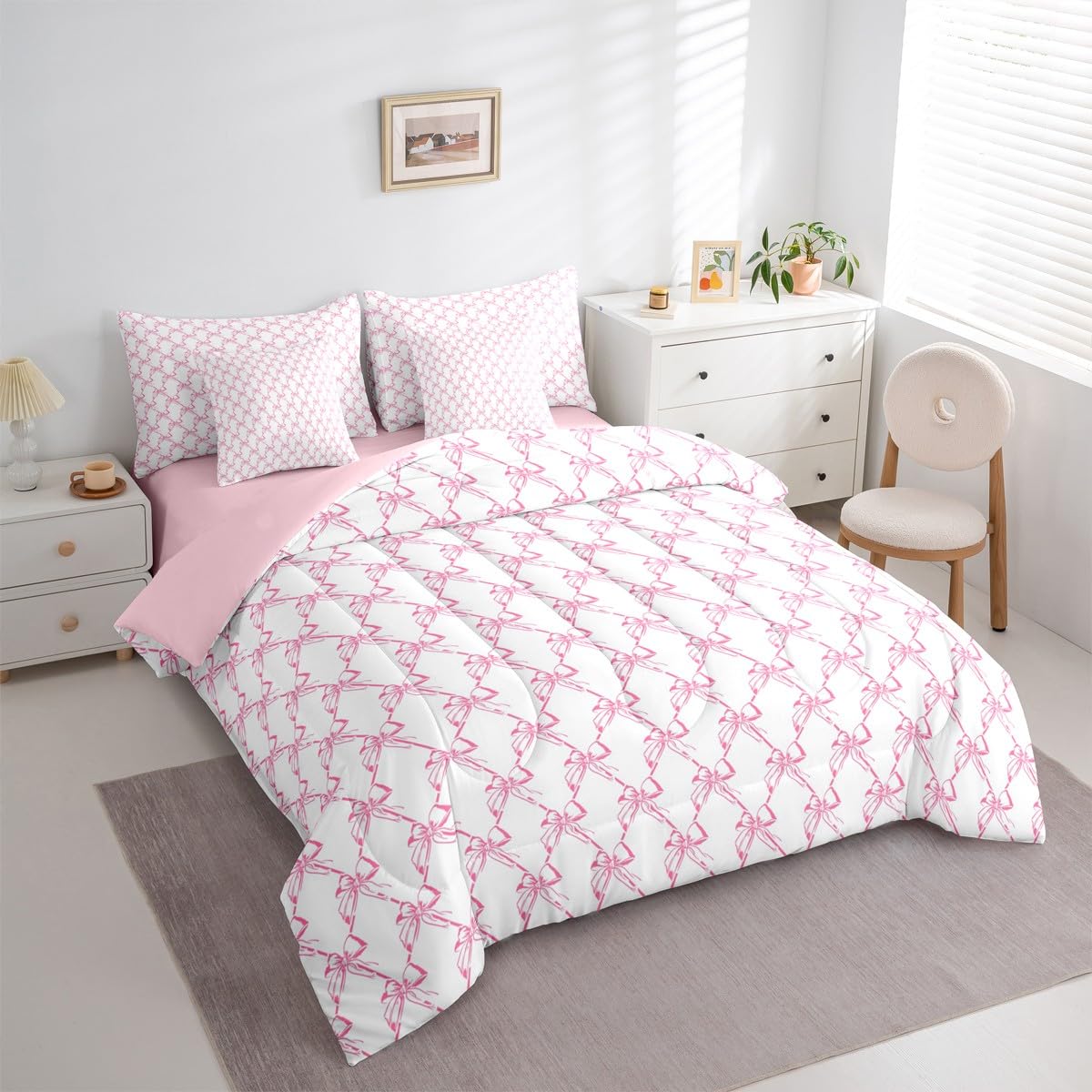 Erosebridal Girls Bowknot 7 Piece Comforter Set King Size | Cute Pink Bow Coquette Bedding Set Girly Bow Tie Comforter Dreamy Princess Style Sheets Butterfly Knot Aesthetic Quilt Room Decor