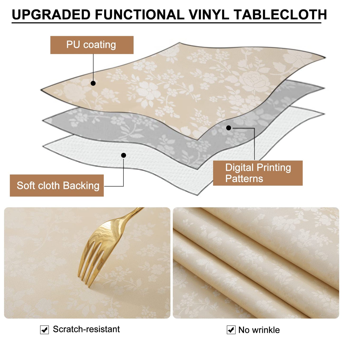Smiry Rectangle Table Cloth, Waterproof Heavy Duty Vinyl Tablecloths, Wipeable Washable Table Cover for Kitchen and Dining Room (Beige, 70" X 90")
