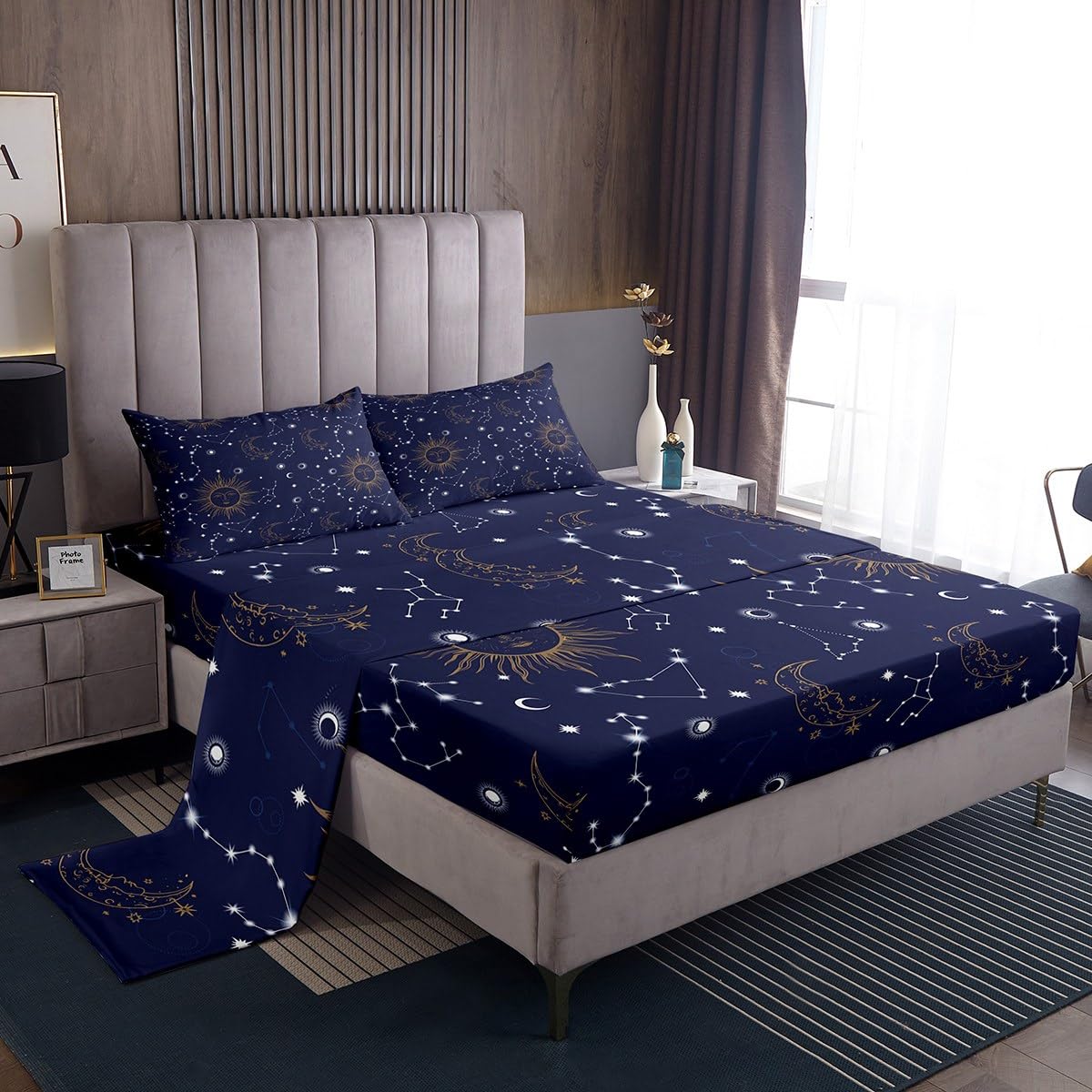 Castle Fairy Golden Sun Moon Fitted Sheet Set Full Size 4 Pcs,Stars Planets Bedding Set(1 Fitted,1 Flat,2 Pillowcases),Navy Blue Universe Luxury Deep Pocket Bed Sheets for Girls Teesn Room