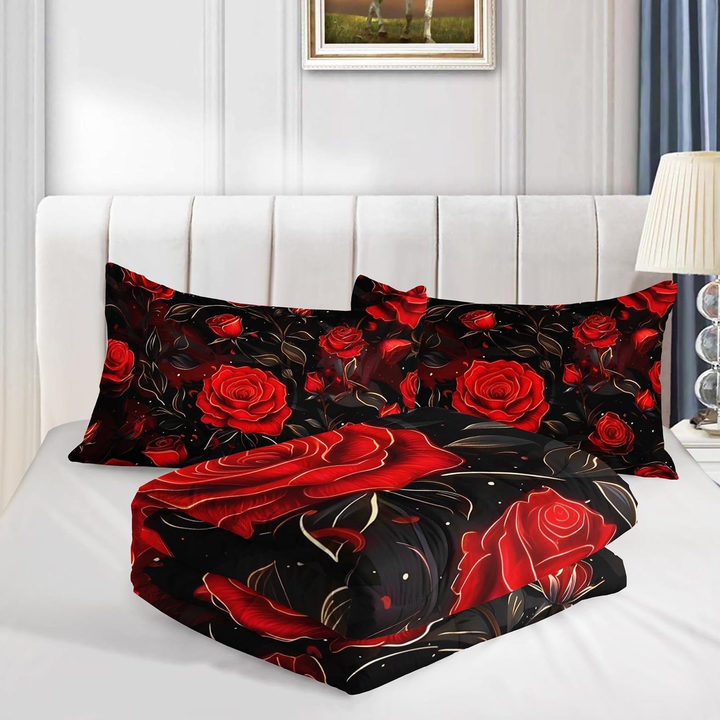 AILONEN Crimson Rose Twin Comforter Set 3 Piece, Black Floral Bedding, Gold Vine Dark Garden Print, Dorm Bedroom, 2 Pillowcases