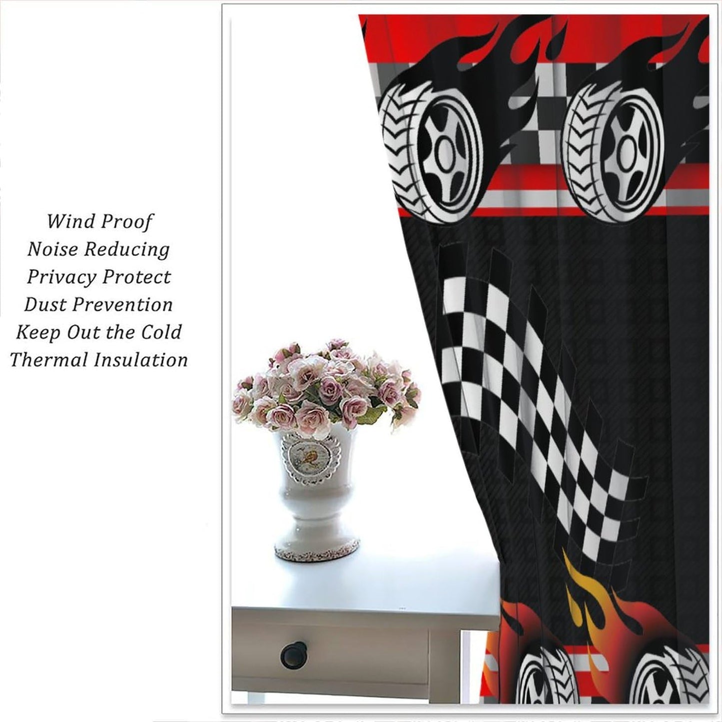 ICMOLYYENLO Racing Kids Curtains Boys Red Racing Bedroom Curtains Race Track Flag Pattern Living Room Curtains Set of 2 42x45 Inches