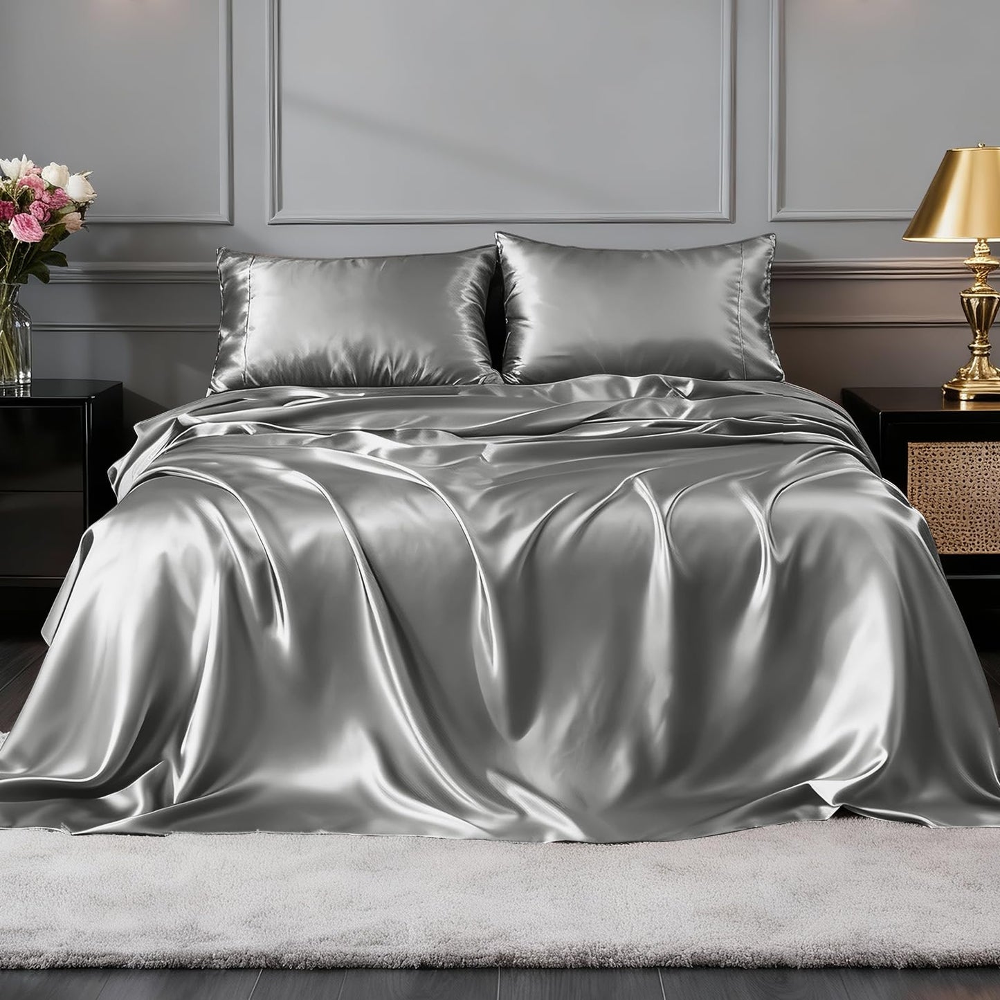 FreshCulture Satin Sheets Full Size - 4 Piece Luxury Soft Silky Full Size Bed Sheets, Similar to Silk Bed Sheet Set with 1 Deep Pocket Fitted Sheet, 1 Flat Sheet & 2 Pillowcases (Light Grey)