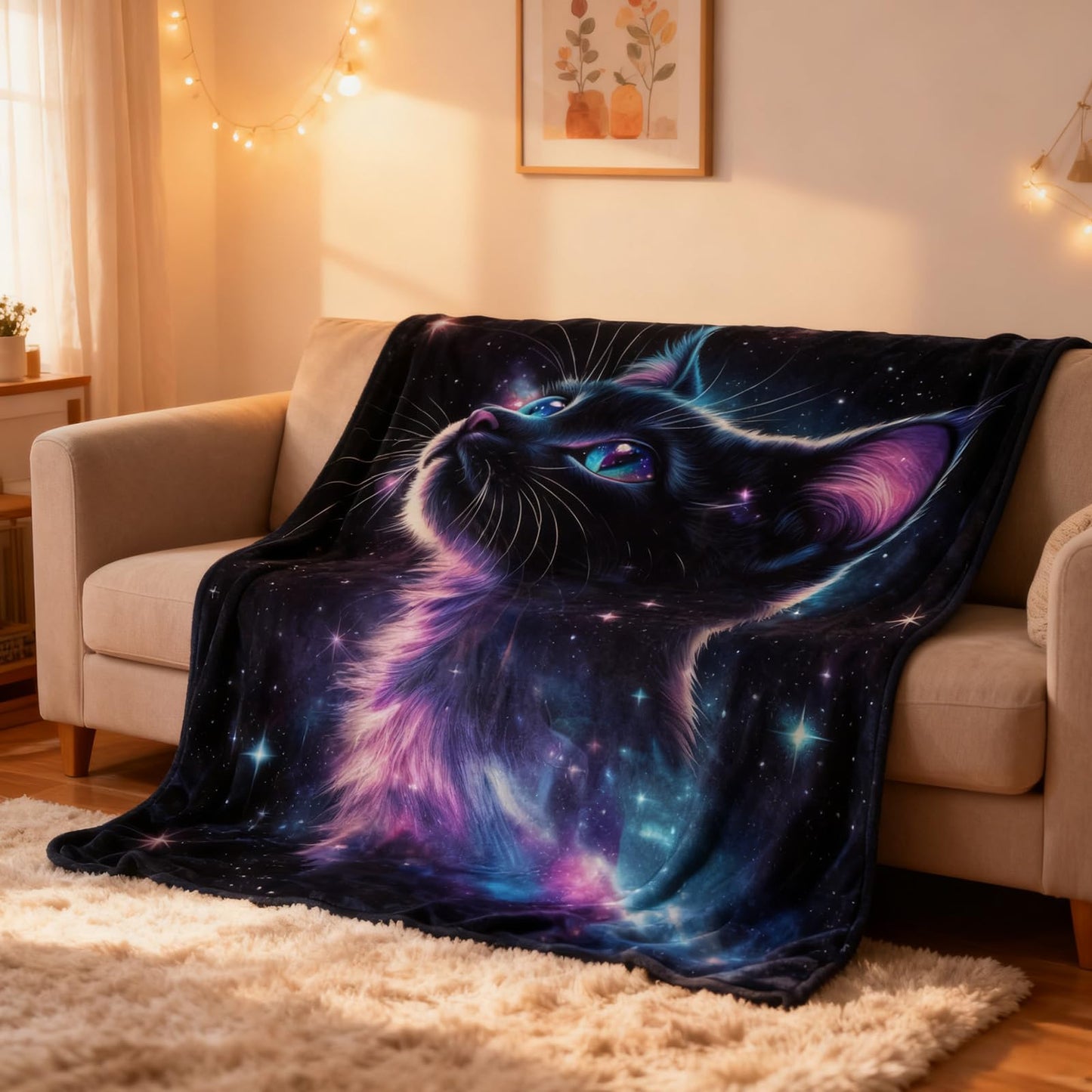 kampdream Galaxy Space Cat Flannel Blanket, Nebula and Starry Night Sky, Super Soft and Warm Couch Sofa Living Room Cute Decor Ideal Gift for Teens Girls 50×60 inch