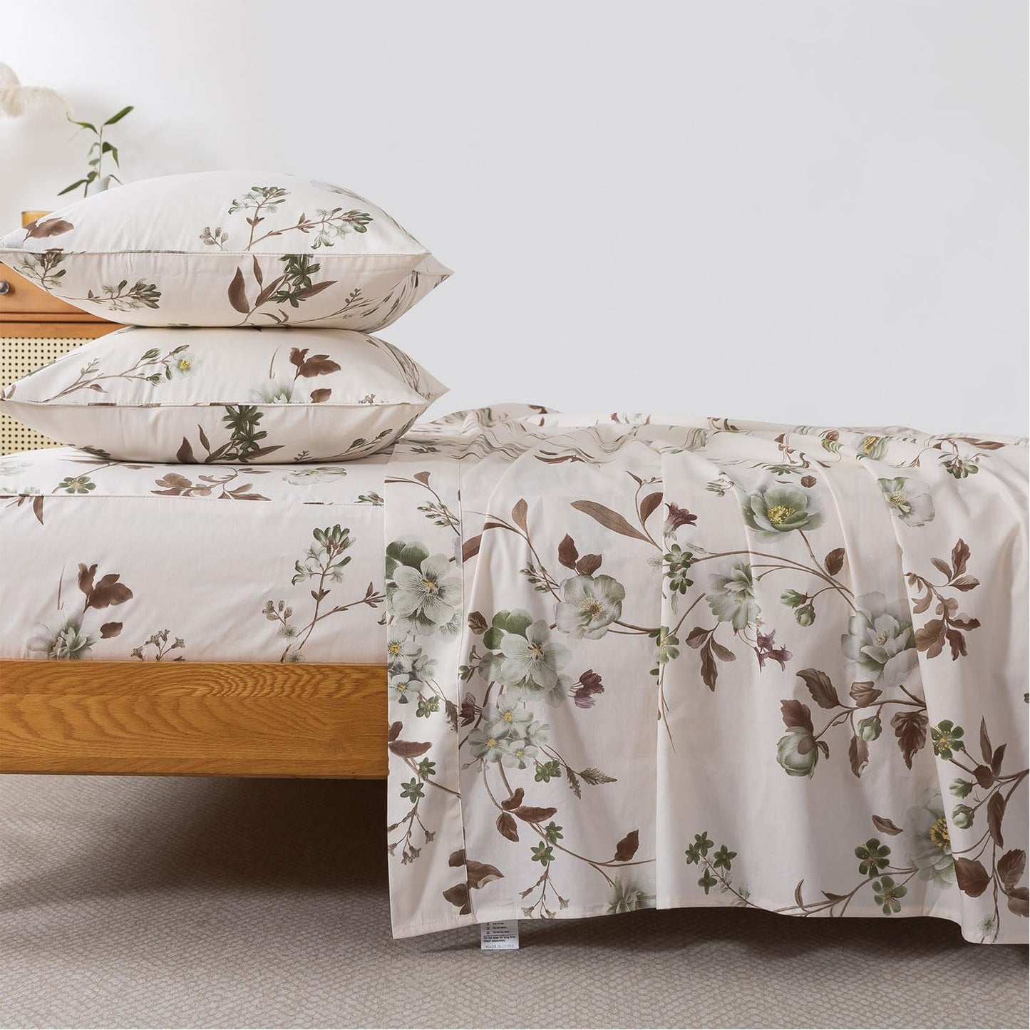 FADFAY Twin Sheets Set Percale Cotton Floral Bed Sheets Deep Pocket Fitted Sheet, Luxury Green Rose Floral Printed Shabby Bedding for All Season, Super Soft Crisp & Cool,4pcs