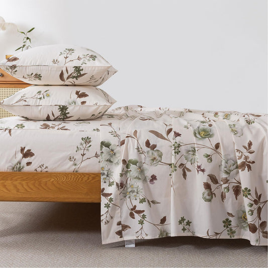 FADFAY Twin Sheets Set Percale Cotton Floral Bed Sheets Deep Pocket Fitted Sheet, Luxury Green Rose Floral Printed Shabby Bedding for All Season, Super Soft Crisp & Cool,4pcs