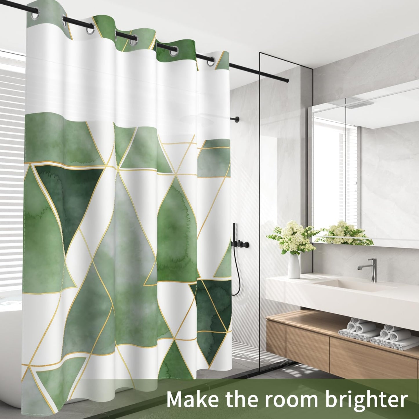 NAEMBCU Green Geometric No Hook Shower Curtain with Snap in Liner Set 71x74