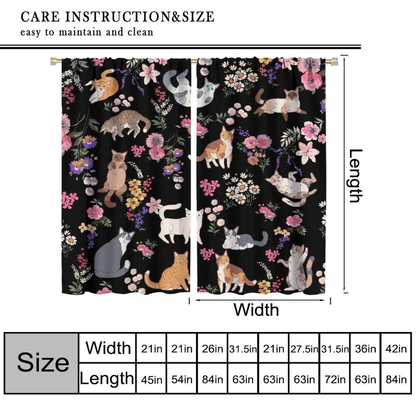 Hazuff Cartoon Cat Girls Curtains,Natural Simple Watercolor Cute Pet Cat Animal Flower Windows Treatments Rod Pocket Drapes for Kids Living Room Bedroom Bathroom 42x44.5in