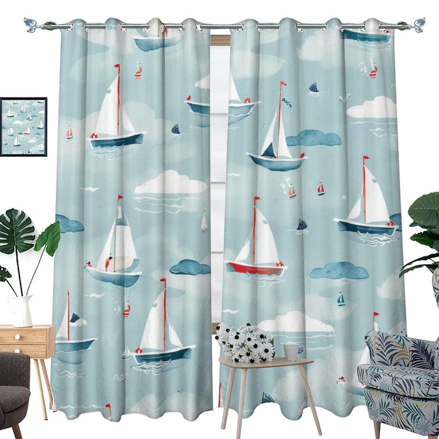 TOWINSFB Cute Cartoon Sailboat Blackout Curtains for Bedroom/Living Room, Funny Ocean Nautical Ship Grommet Curtains Thermal Insulated Window Drapes, 2 Panels, Each 21W x 45L