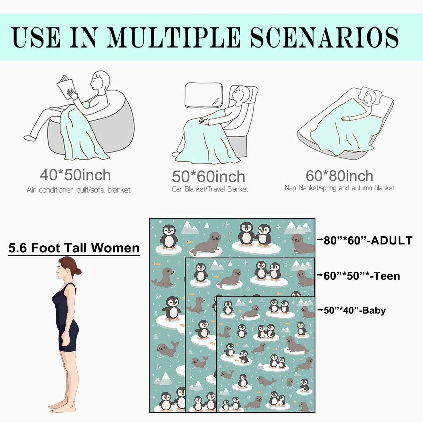 coedoaes Cute Penguin and Seal Fleece Blanket,50x60in,Arctic Animal Ice Floes and Fish Throw Blankets,Soft Cozy Lightweight, Ideal for Bed Living Room Home Winter Decor,Kids Gifts