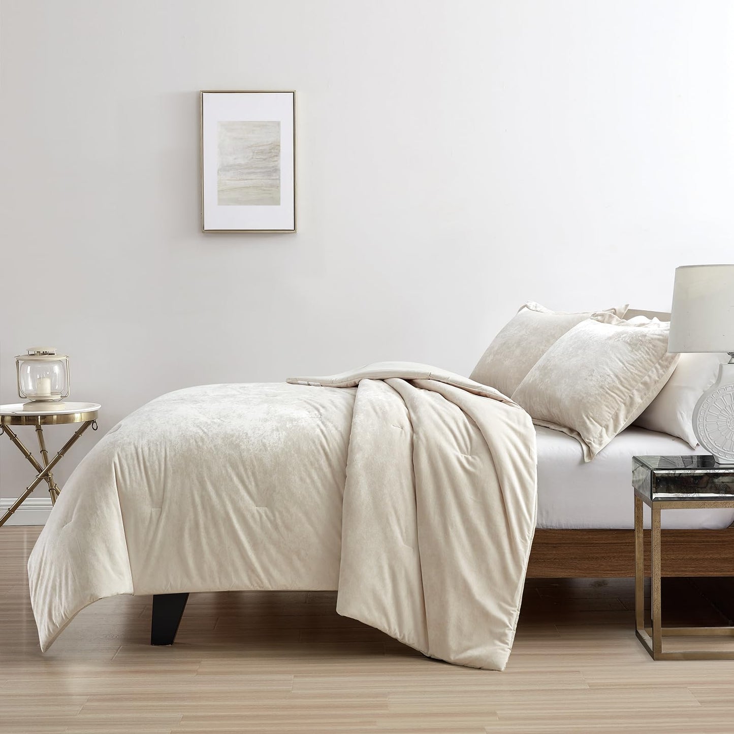 HUMESIIL Luxury Velvet King Comforter Set, 3 Pieces Reversible Comforters King Size with 2 Pillow Shams, Brushed Solid Microfiber Back, All Season Cozy, Soft, Warm, Lightweight (Beige, 104x90 Inch)