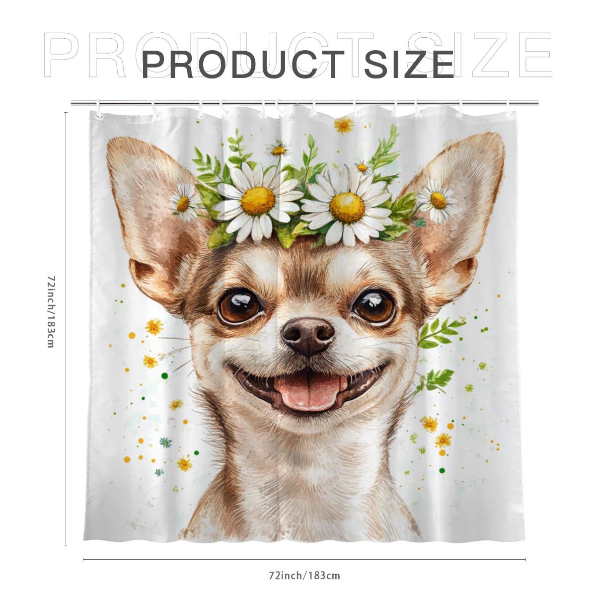 NGZ White Daisy Floral Shower Curtain Chihuahua Shower Curtain Farmhouse Flower Spring Rustic Blossom Fabric Bathroom Decor Set with Hooks（72Wx72H）