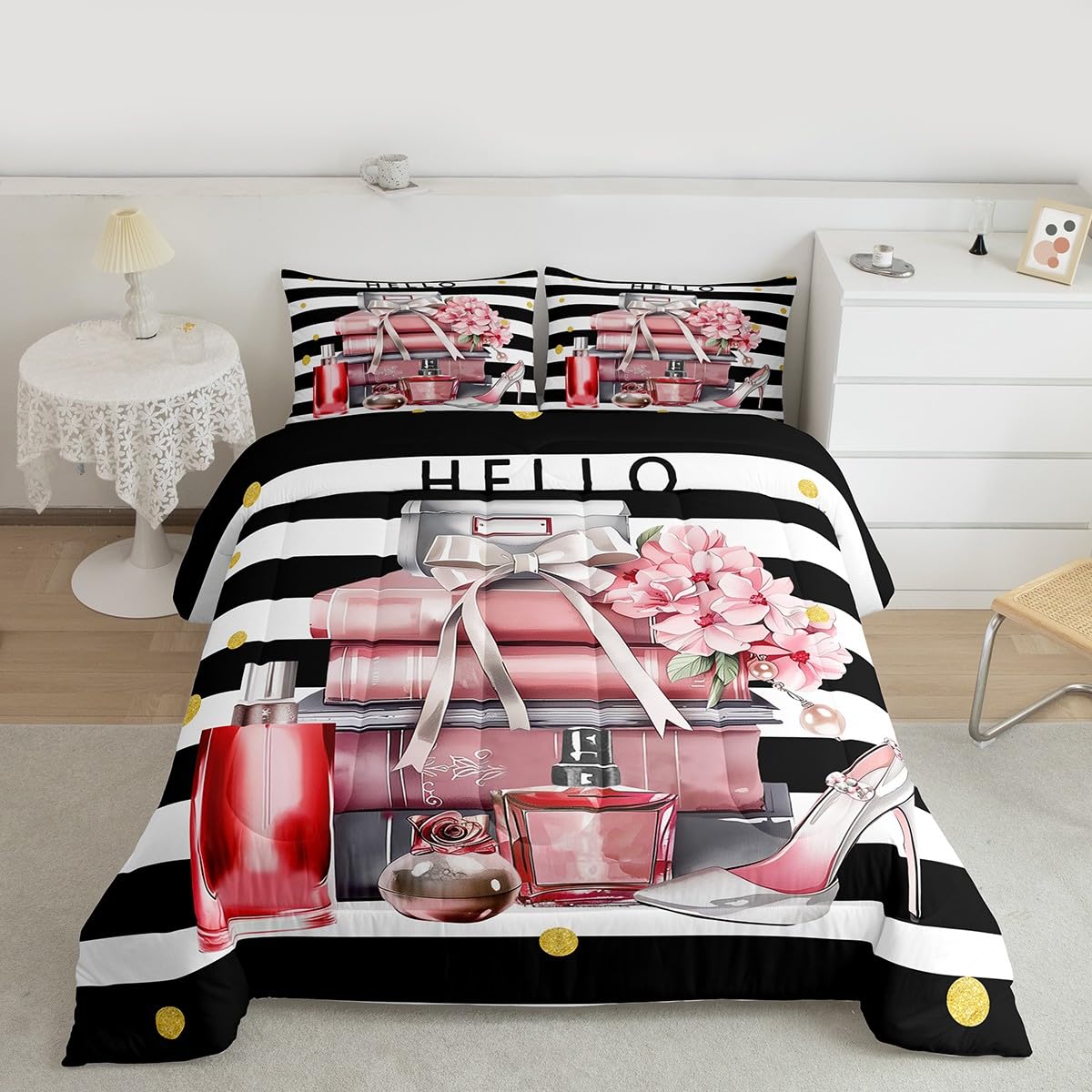 Erosebridal Black and Pink Comforter King Size Fashion Black White Girly Bedding Set for Girl Women Modern Flower Floral Perfume Striped Duvet Insert High Heels Magazine Books Bed Sets