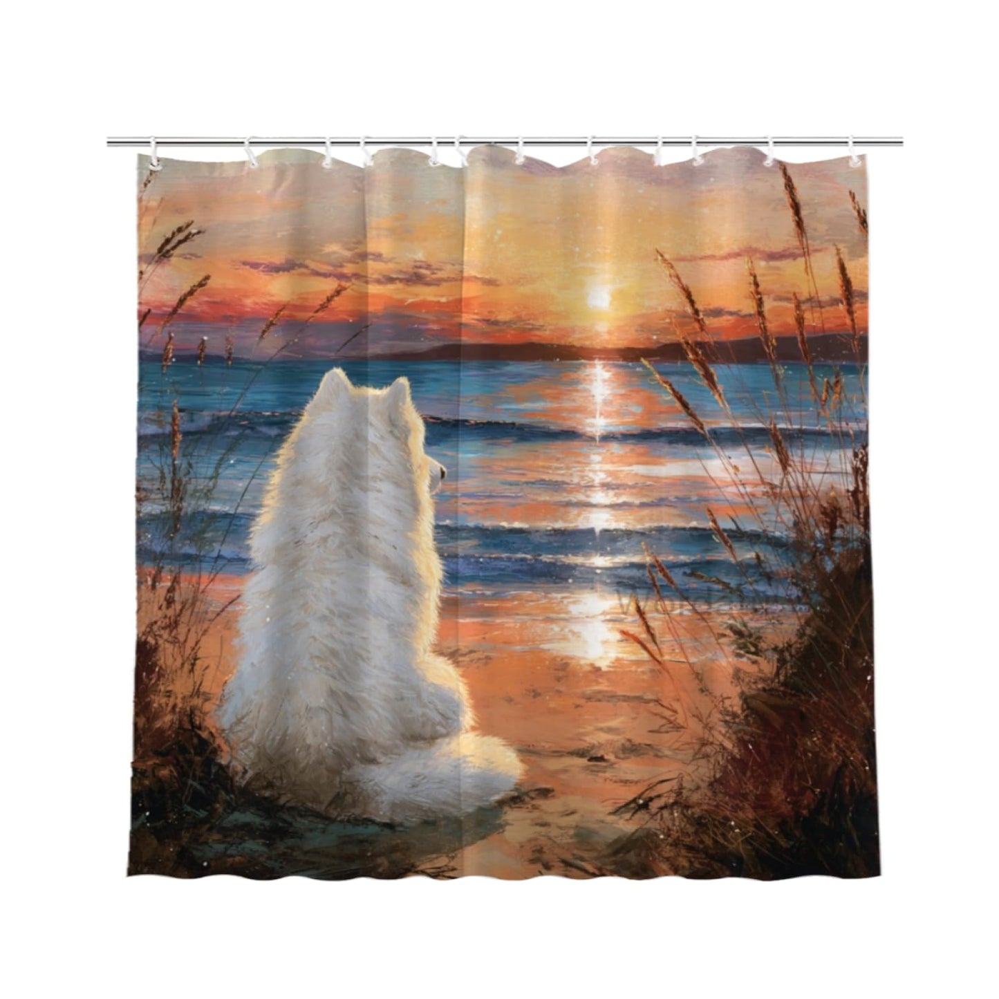Wordatu Samoyed Shower Curtain on Sunset Sunrise Beach Seascape Art Shower Curtain Set, Nautical Ocean Bath Accessories Coastal Seaside Bathroom Decor 72x72 Inches