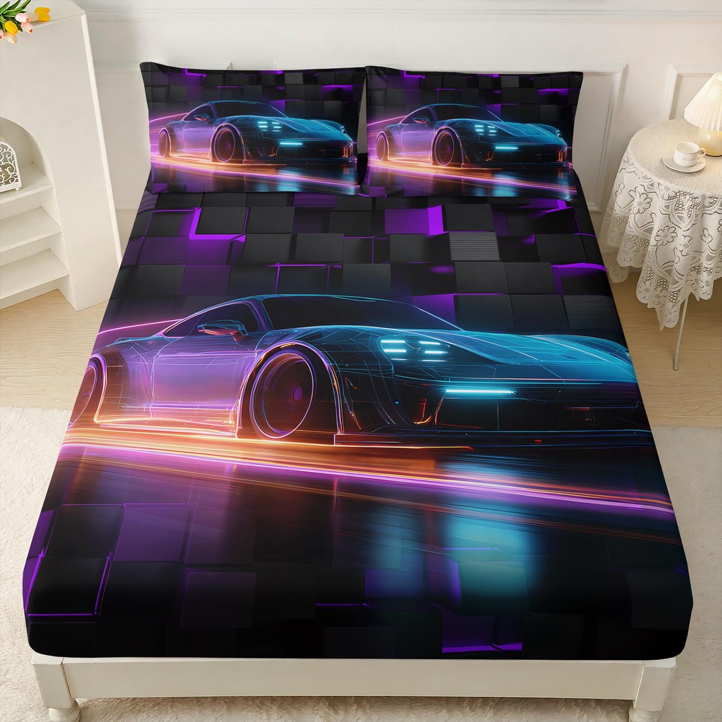 HOSIMA Boys Race Car Bedding Sets Full,Lightweight Fitted Sheet,Geometric Background Pattern Cool Extreme Sports Bedding for Kids Men Car Room Decor,1 Fitted Sheet+2 Pillowcases.