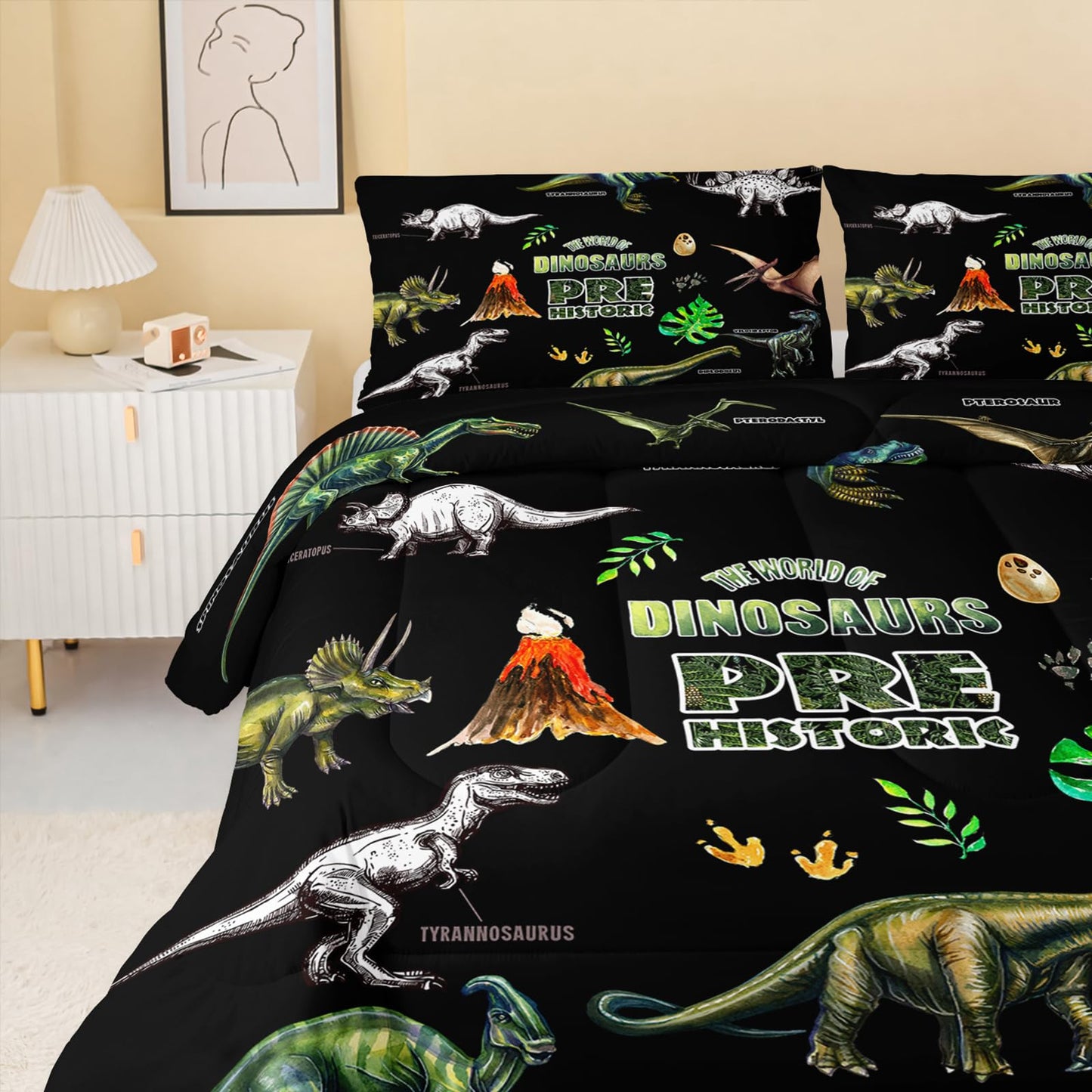 QOOMO Jurassic Dinosaurs Comforter Set, 3D Animals Bedding Set Suitability Girs and Boys Decorate Room Queen Size with 1 Comforter Set 2 Pillowcases