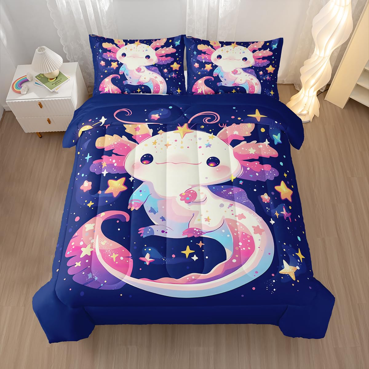 Nttopship Cartoon Axolotl Comforter Bedding Set with 2 Pillowcase Twin Size Pink Salamander Comforter Set for Kids Boys Girls Bedroom Decor