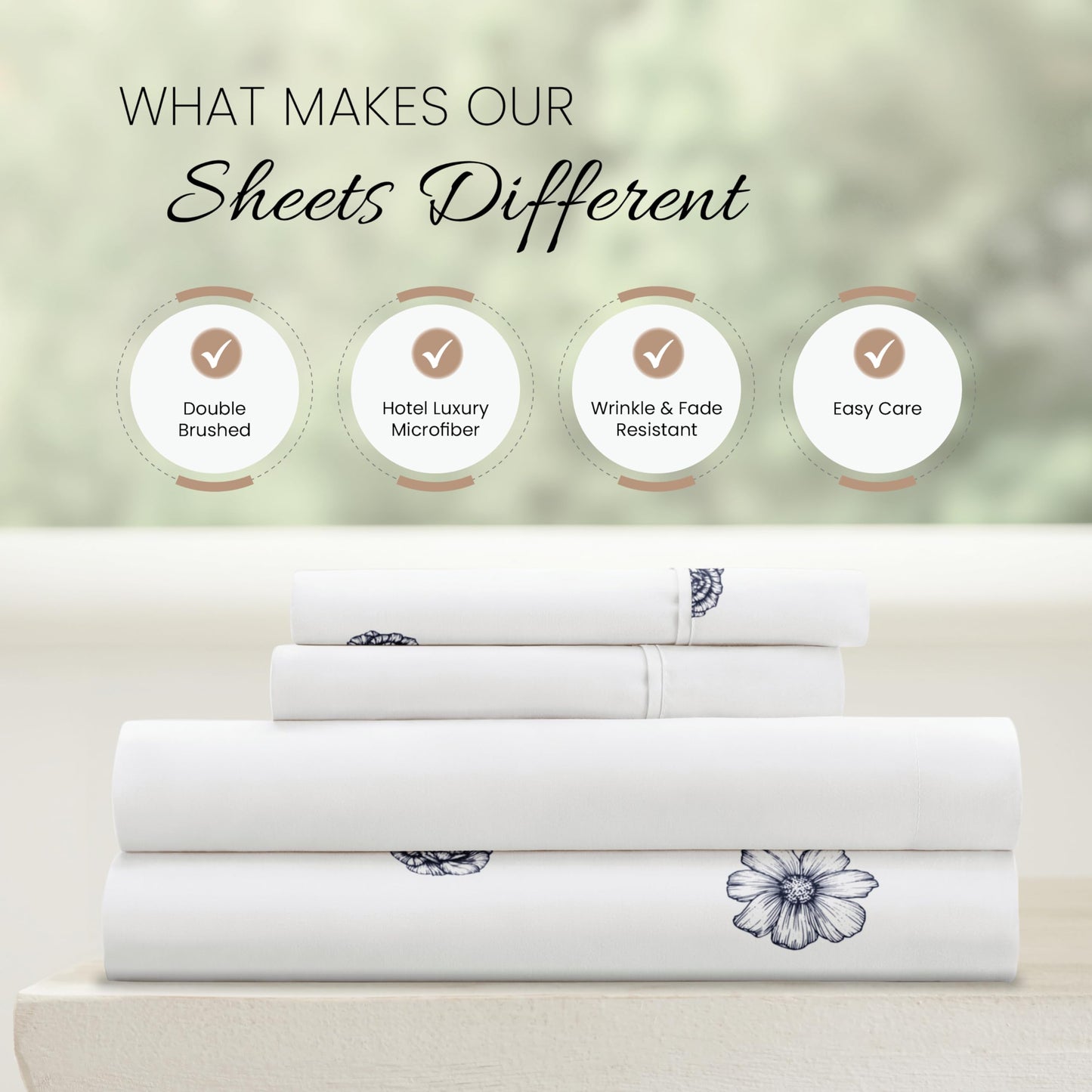 Linen Market Patterned Microfiber King Sheet Set 4 Piece – Oeko-TEX Certified Ultra Soft & Wrinkle-Free - 16" Deep Pocket Sheets - Easy Care King Size - Indigo Flowers Navy