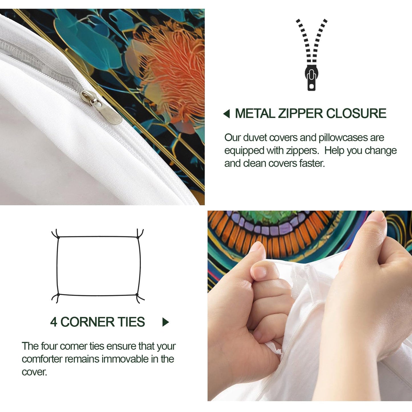 ZAMODE Cat Duvet Cover Oversized King Size, Boho Flower Cat Comforter Cover 120" x 98" & 2 Pillowcases, Retro Exotic Kitten Bedding Set with Zipper Ties