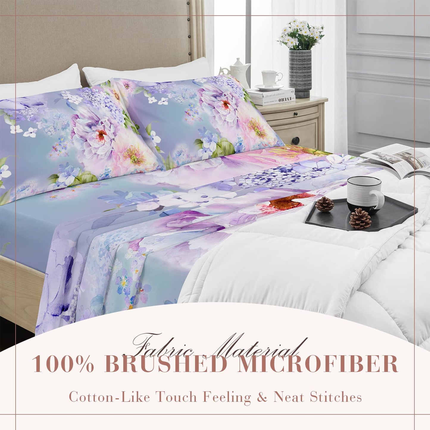 YIYEA Queen Sheet Set, Luxury 1800TC Hotel Quality Double Brushed Microfiber Floral Bed Sheets for Queen Size Bed, Extra Soft, Deep Pocket, Shrinkage and Fade Resistant, 4PC (Queen)