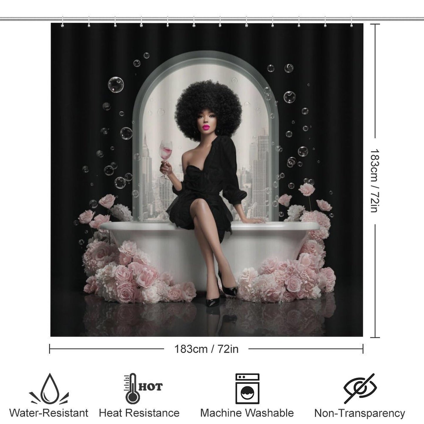 XSUPFLYM Modern Classic Black Women Waterproof Fabric Shower Curtain Beautiful Elegant Bathroom Art American African Women Bathroom Shower Curtain Set with Hooks-72 W x 72" L