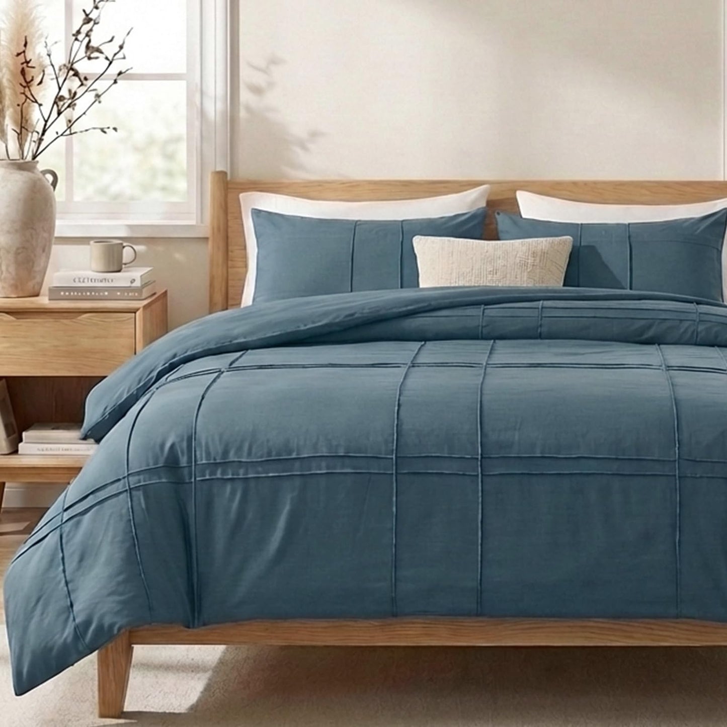Cozaline 100% Cotton Dark Blue Queen Size Duvet Cover Set - 3 Pieces Pintuck Pleated Duvet Cover, Soft Breathable Duvet Cover with Zipper Closure, Modern Minimalist Bedding Set
