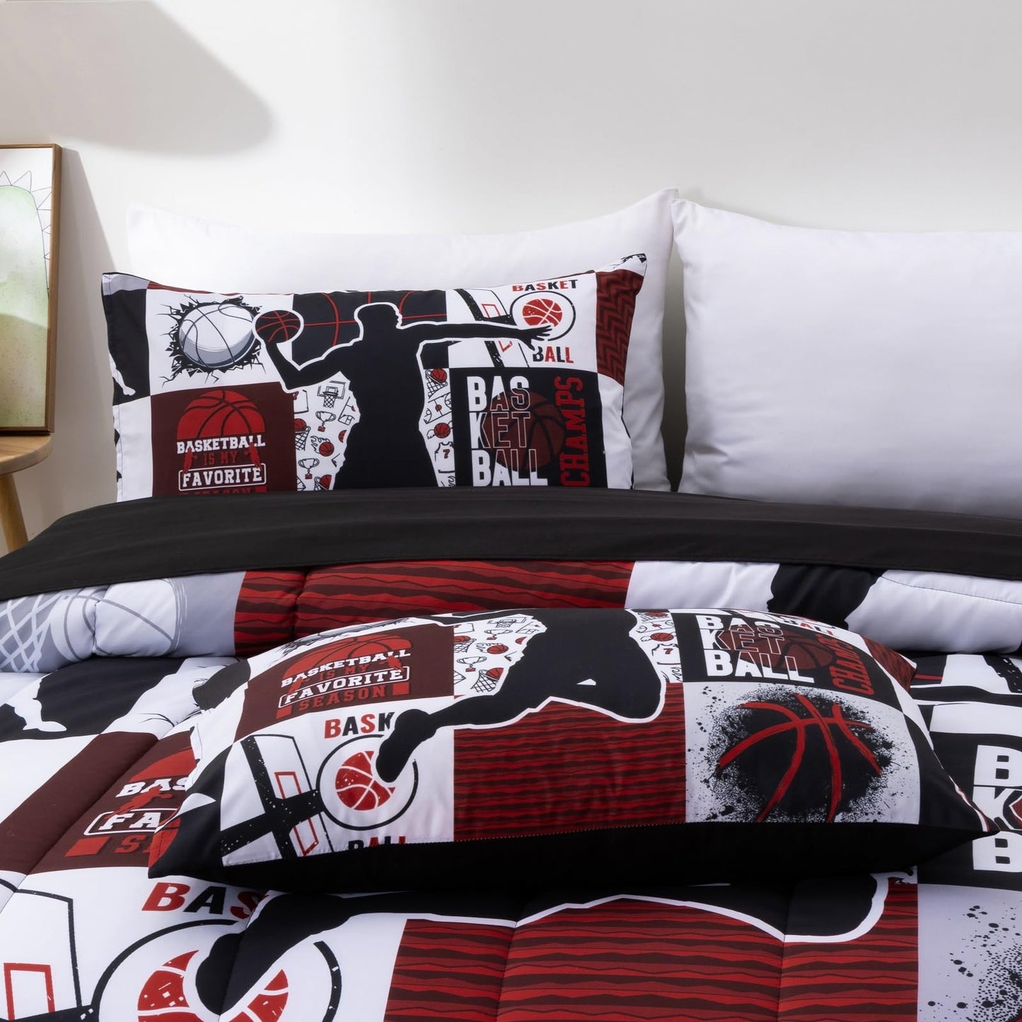 A Nice Night Sports Geometric Grid Baseketabll Patchwork Baskeball Printed for Boys Twin 6Pcs Bed in A Bag Comforter Bedding Set,Red