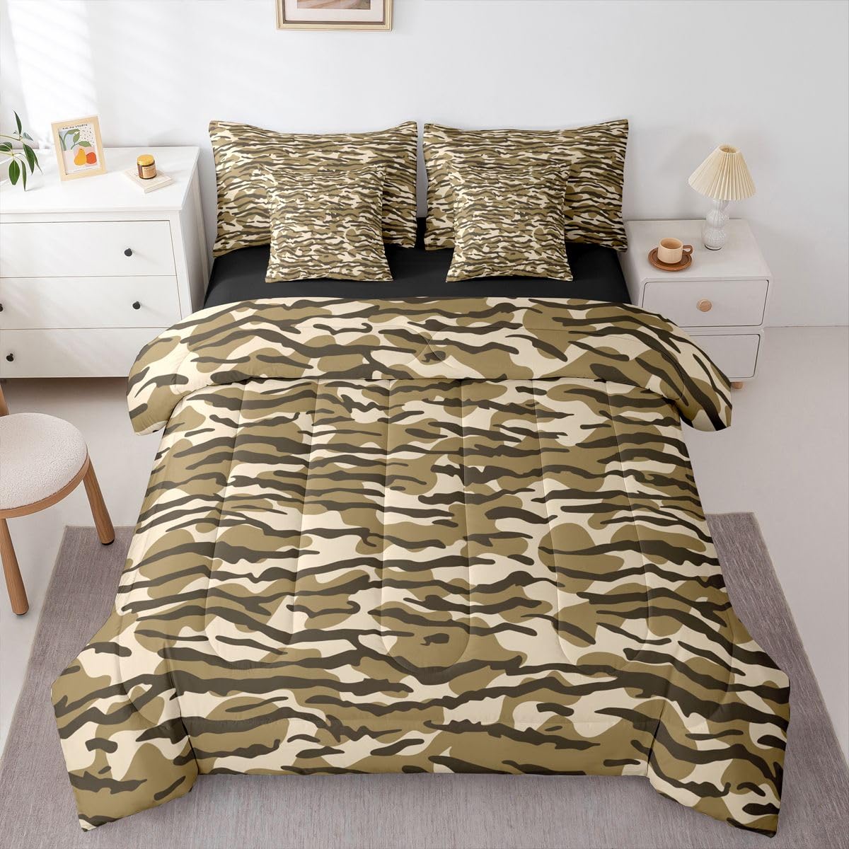 Erosebridal Boys Camo 7-Piece Bed in a Bag Full Size for Kids Teens Men | Military Camo Bedding Set Rustic Country Cabin Farmhouse Comforter Set with Sheets Army Green Hunting Duvet Insert
