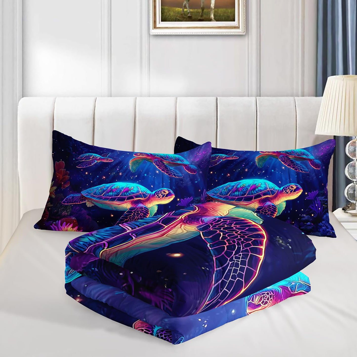 HOSIMA Sea Turtle Twin Comforter,Glowing Background Pattern Coastal Bedding for Kids Boys Girls Room Decor,Corals Print Ocean Themed Animal Bedding with 2 Pillowcases.