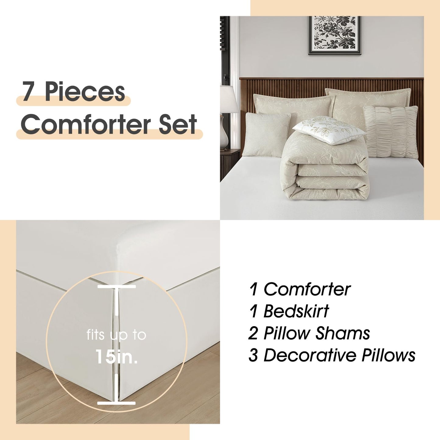 LANCO MODERN LIFESTYLE 7 Piece Beige Comforter Set, Queen, Cotton Fabric Jacquard Patchwork Floral, Year-Round Comfort Bed in a Bag with Bed Skirt, Shams & Decorative Pillows