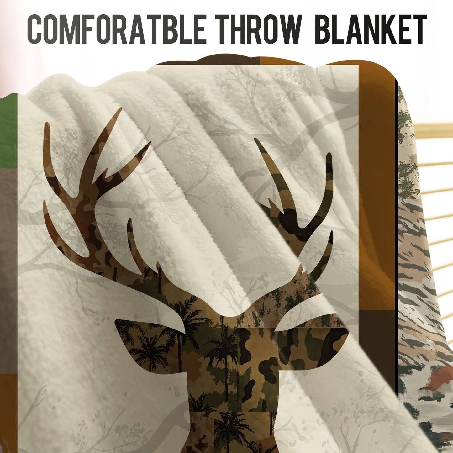 Levens Deer Blanket Camo Hunting Throw Blankets Gifts for Men Dad, 60"x50" Soft Flannel Elk Woodland Deer Camouflage Blanket Hunting Decor Couch, Christmas Birthday Gift for Hunters Camo Elk Lovers