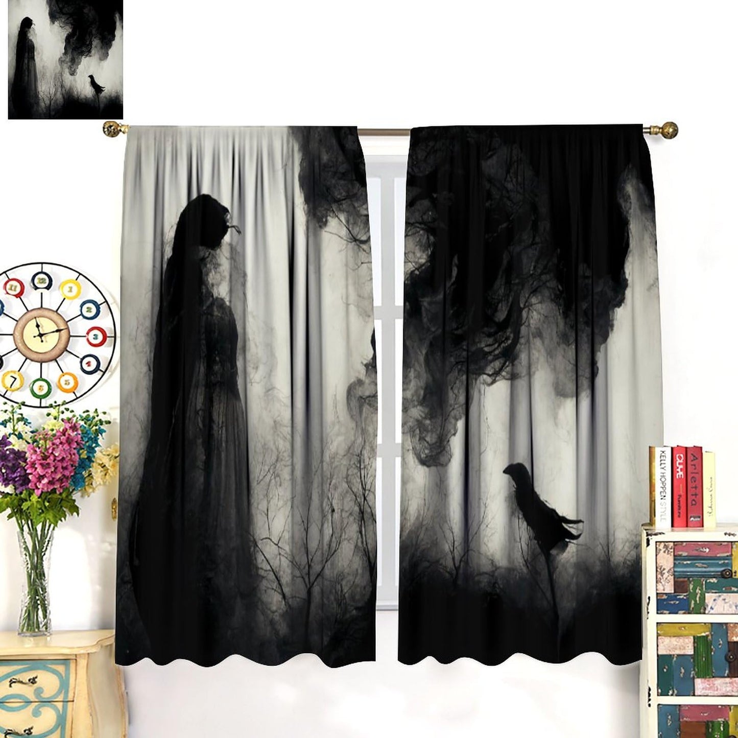 Halloween Misty Forest Curtains, Gothic Foggy Night Silhouette Birds Black Raven Crow Room Darkening Door Window Rod Pocket Curtain for Living Room Bedroom W42xL45in