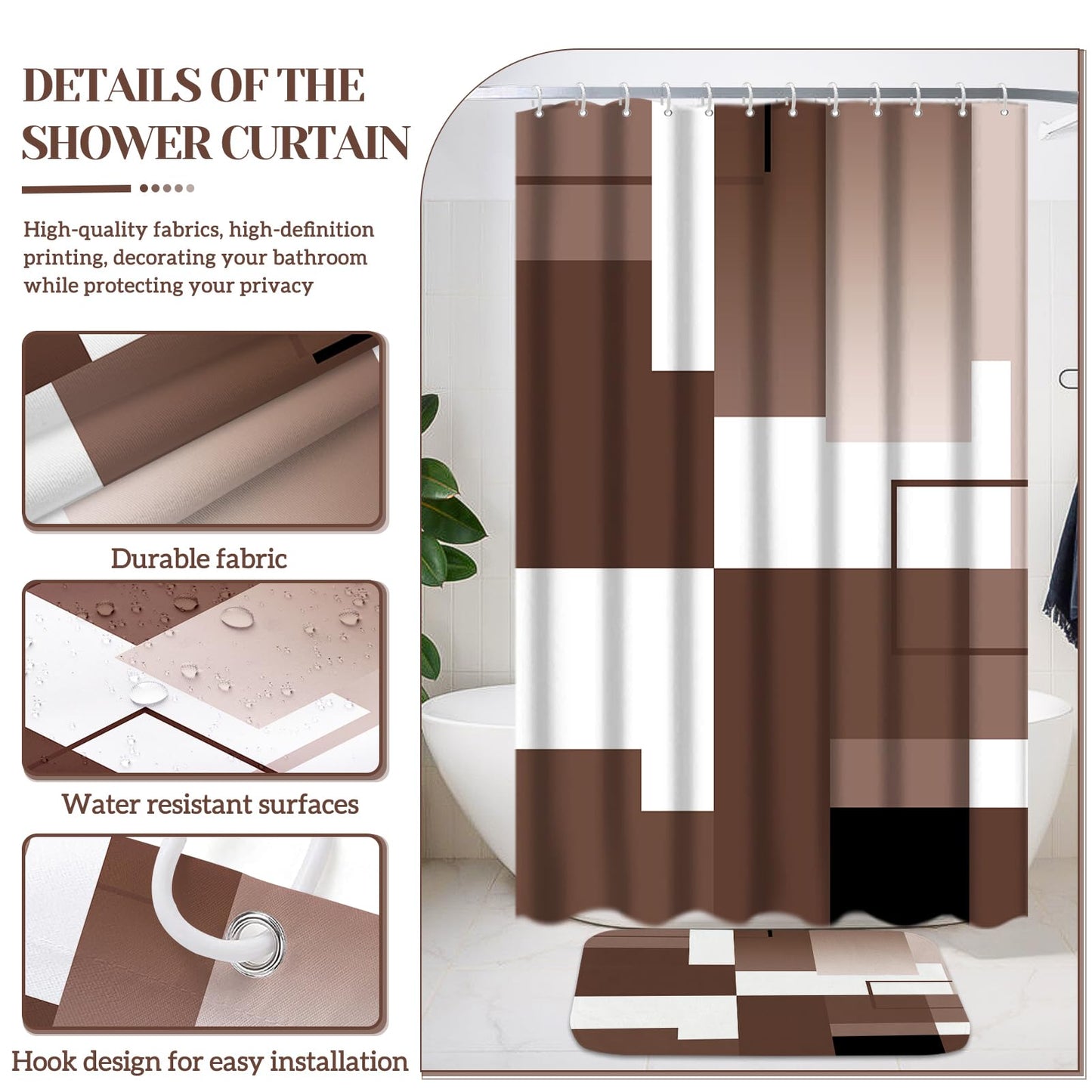 KINUUIS 4 Pcs Brown Geometric Bathroom Shower Curtain Sets with with Toilet Lid Cover and Non-Slip Rugs,Brown Bathroom Decor Sets with Shower Curtain and Rugs for Bathroom